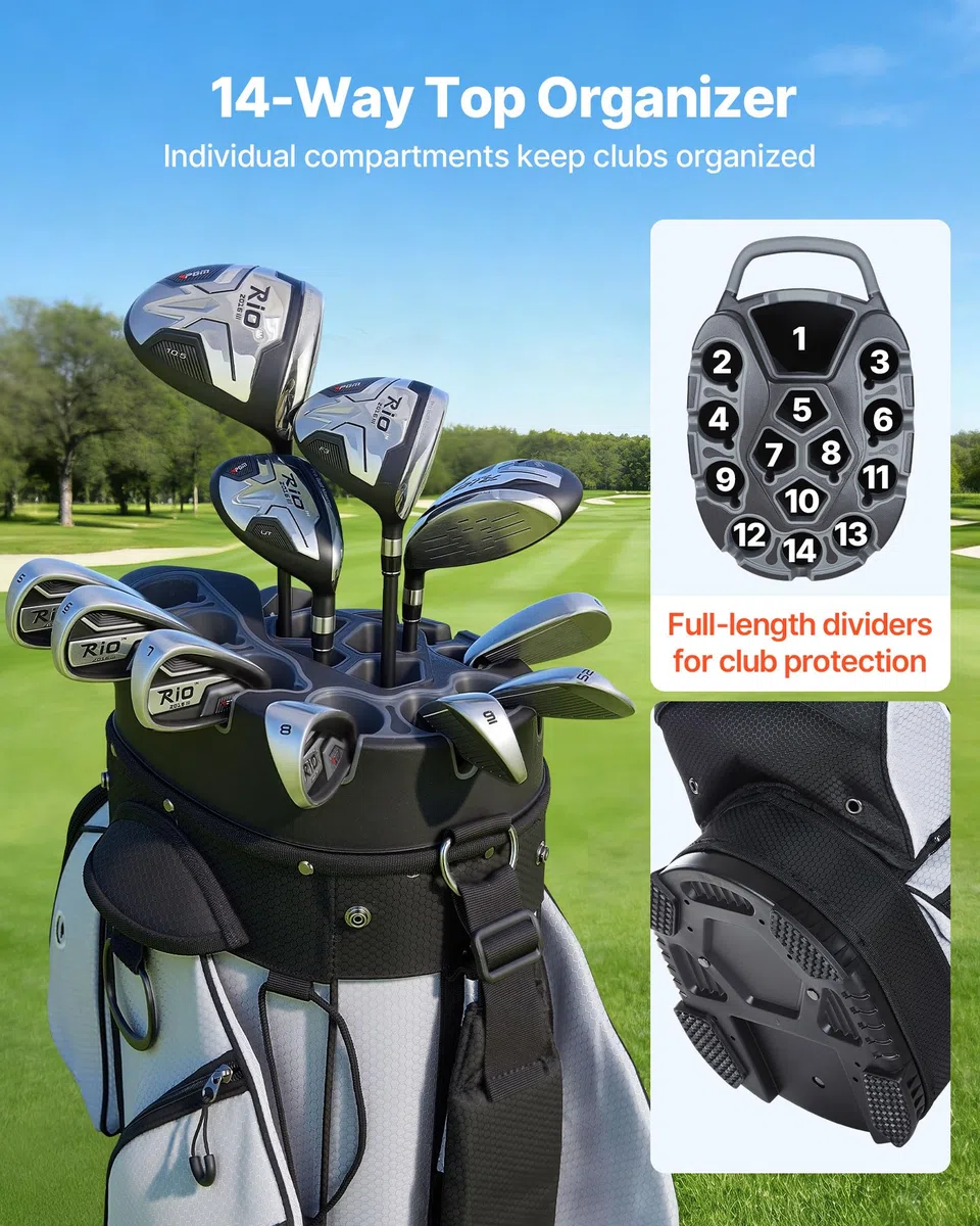 VEVOR Golftasche mit 14-fache Durchgehenden Schlägerfächern Tragegriffen Stautaschen Schultergurt Regenschutzhaube Leichtgängigen Reißverschlüssen Golfbag aus Strapazierfähigem 500D Polyester