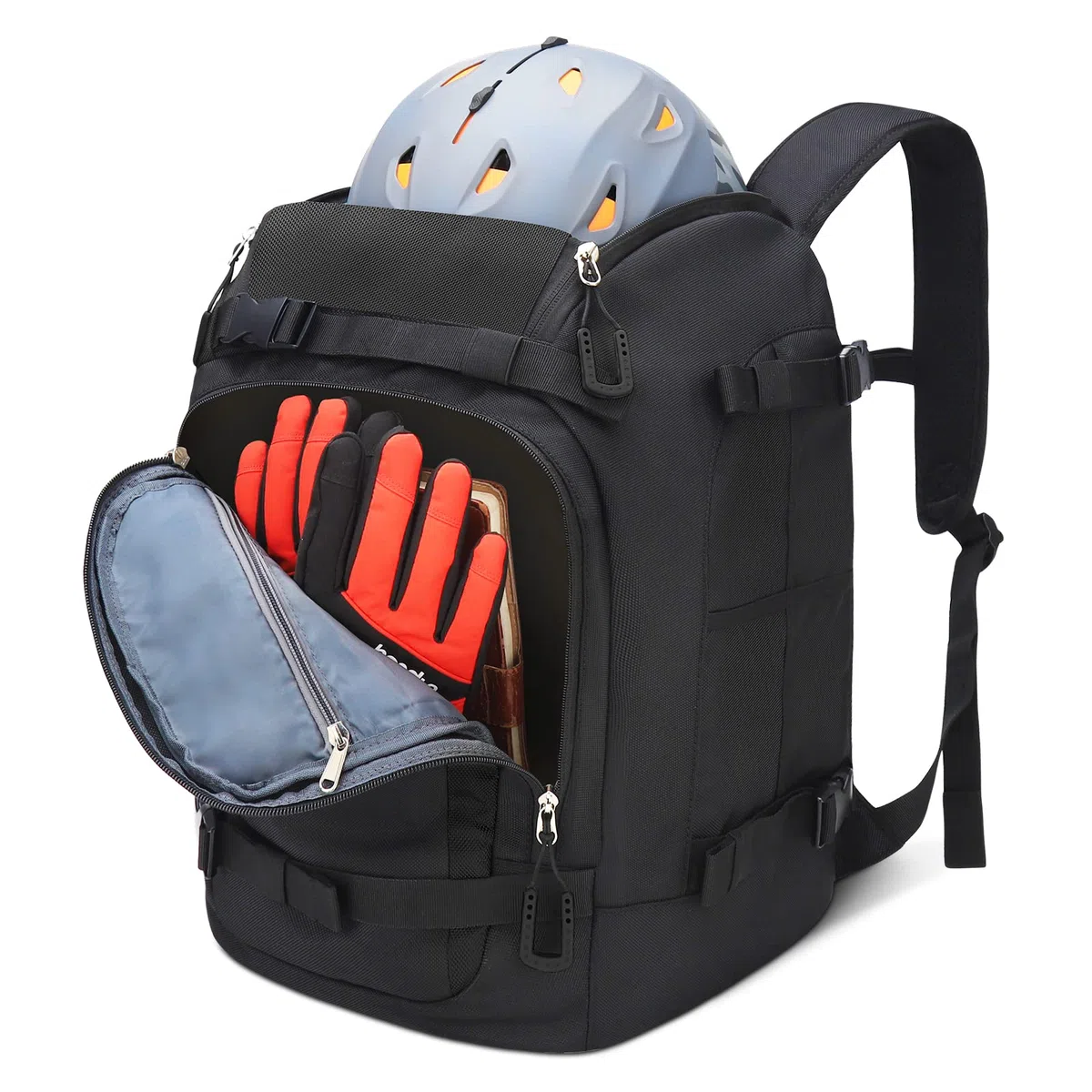 Skischuhtasche mit Helmfach 50L 1680D Nylon Skirucksack Skischuhrucksack mit Helmtasche Skitasche Siksack für Skistiefel Schlittschuhe Snowboard Inline-Skates