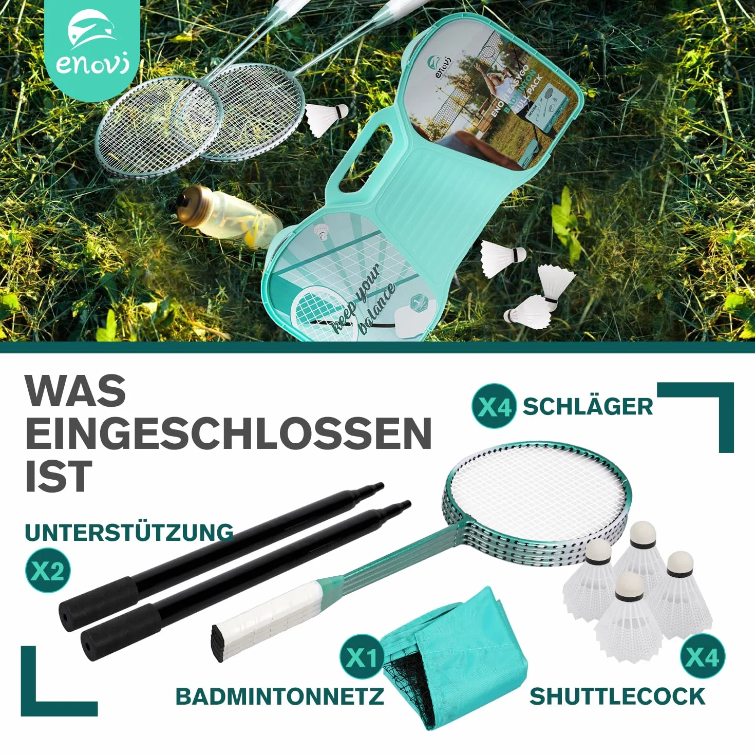 EasyGo Federball Set, Badminton Set mit 4 Schläger, Badminton Netz, 4 Federball, Tragbare Aufbewahrungsbox