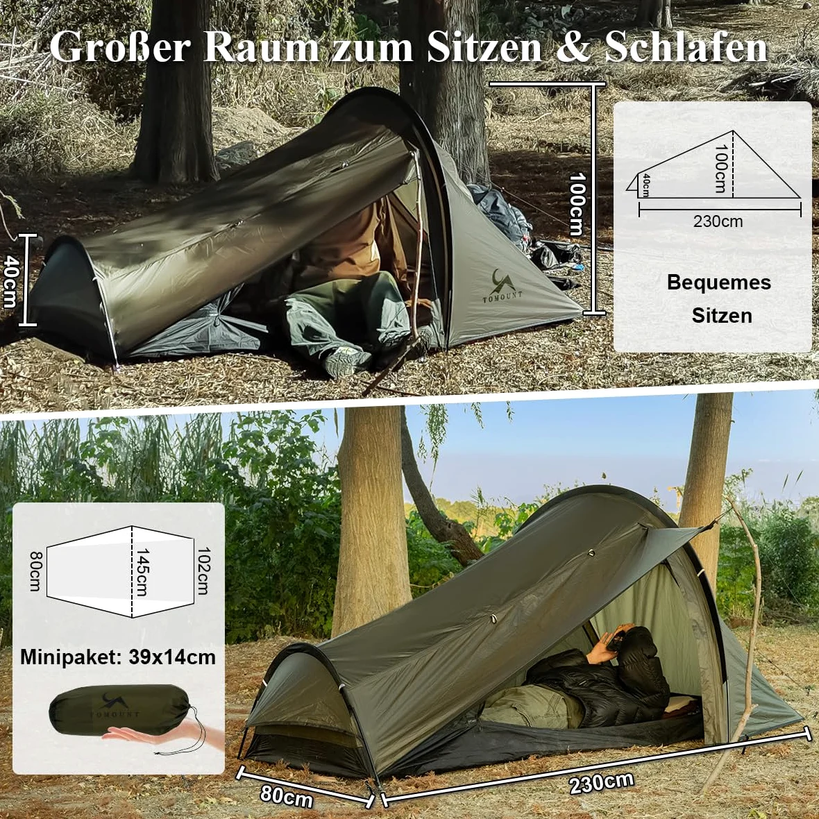 TOMOUNT Ultralight Biwaksack Nylon Bivy Zelt 1 Person wasserdichtes kleines Packmaß Trekkingzelt EIN-Man Zelt für Hikking, Camping, Outdoor, Klettern mit Rucksack