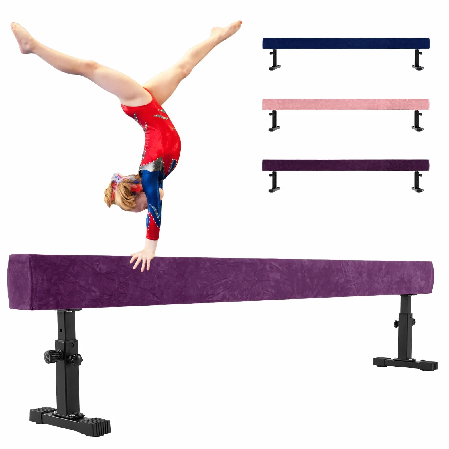 COSTWAY 226 cm Schwebebalken mit 3 Höhen verstellbar, Gymnastikbalken, Heimtrainingsgerät mit robusten Metallbeinen & Rädern, Balancierbalken für Anfänger und Profis (Lila)