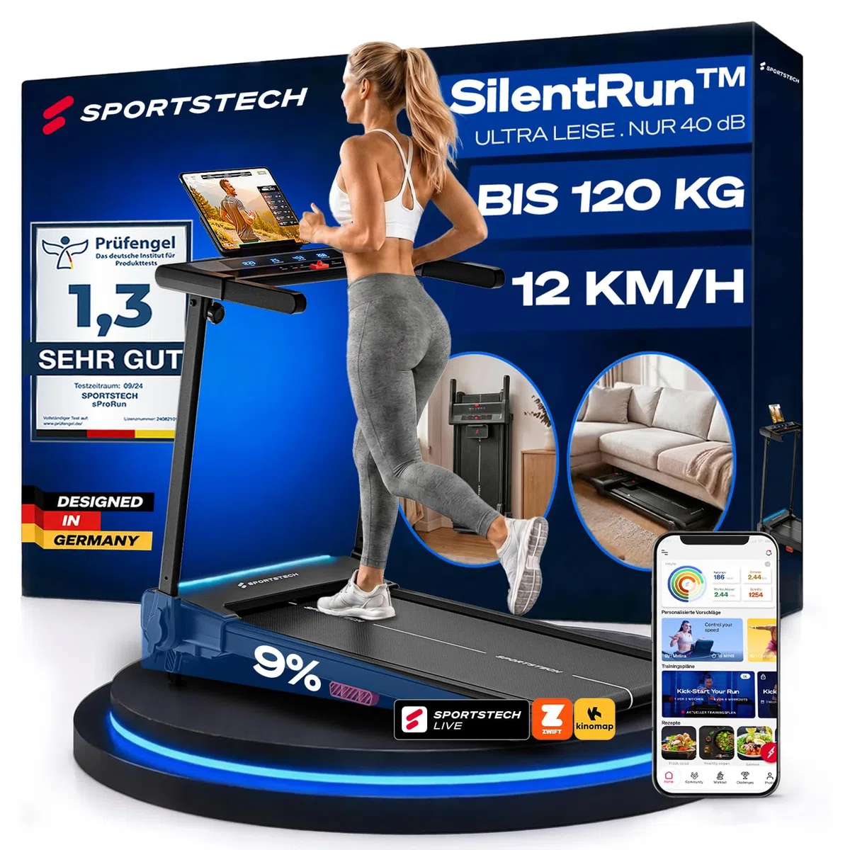 Sportstech sProRun Laufband für Zuhause klappbar, Laufband mit Steigung 9% | – 12 km/h, bis 120 kg, leise, LED Pulszonen, Premium App, Tablethalter für Home Workout, Designed in Germany