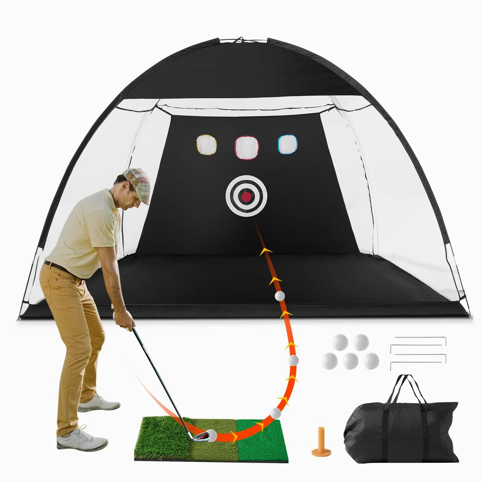 VEVOR Golfnetz, 3 x 2,1 m, All-in-1-Golfübungsnetz, Golfschwungtraining für drinnen und draußen zu Hause, Golfschlaghilfenetz mit Zielscheibe/Rasenmatte/Bällen/Tee/Tragetasche, für Driving- und Chippi