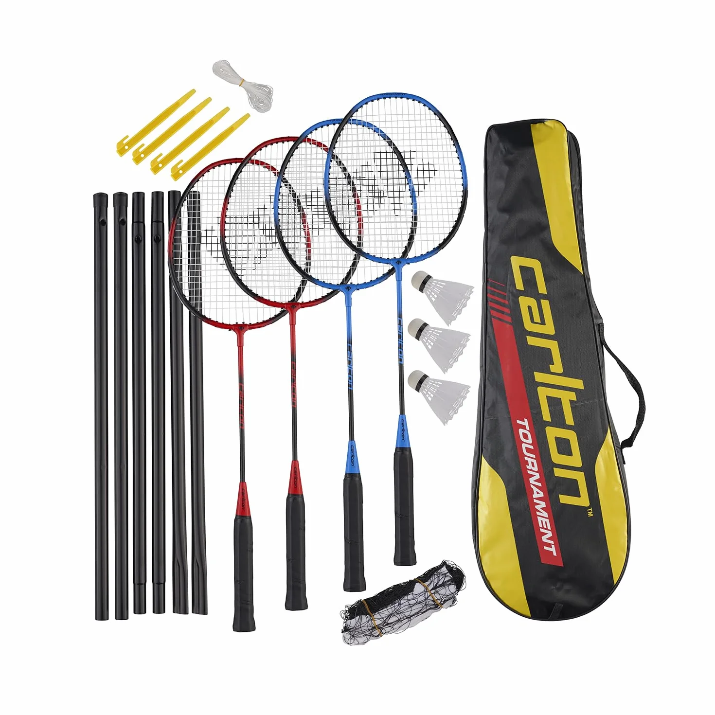 Carlton Tournament Badminton Schlägerset, 4 Spieler (4 Schläger, 3 Bälle, 1 Tasche, Netz & Pfosten), Black/RED, Black/Blue