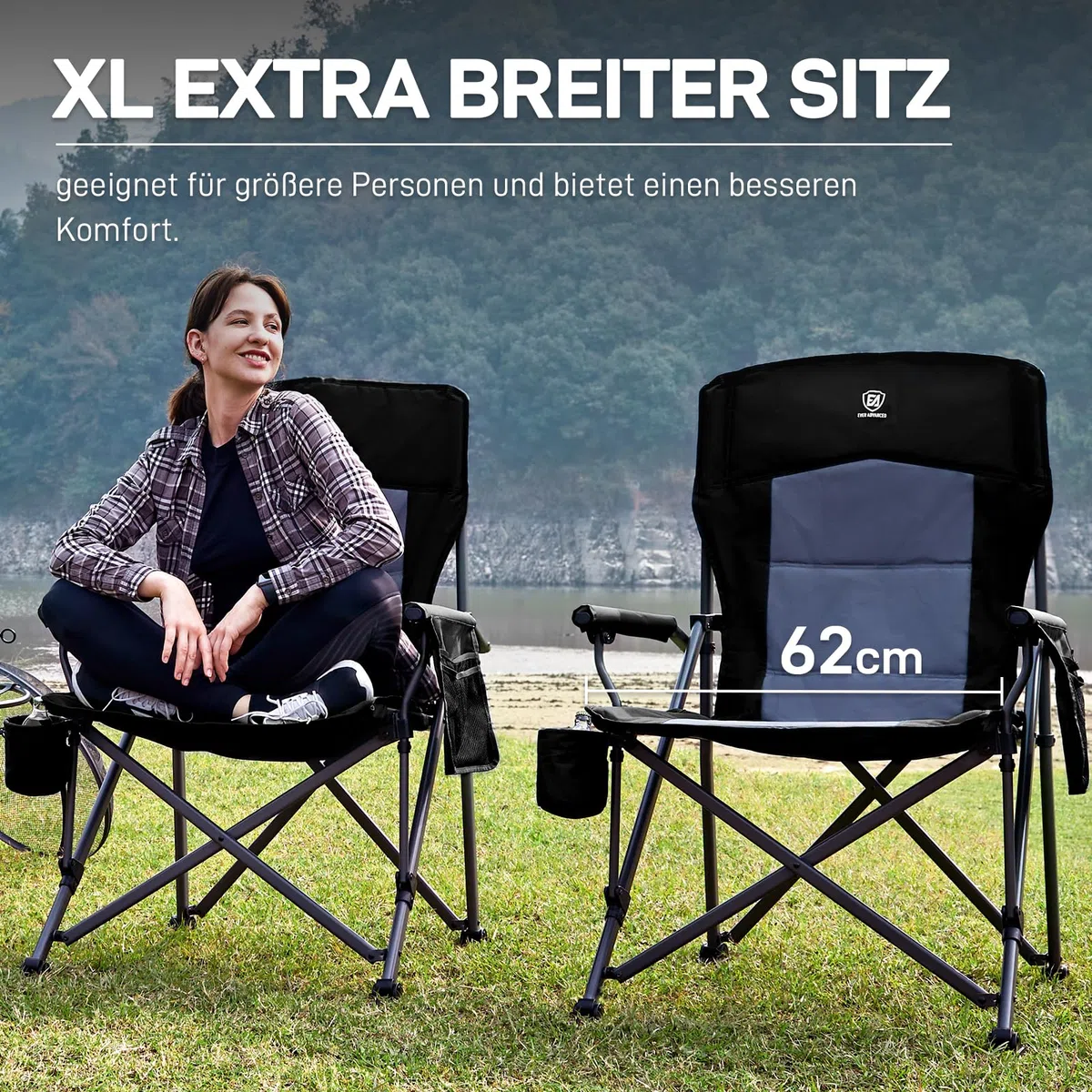 EVER ADVANCED Campingstuhl Faltbar 230KG Belastbar XL Klappstuhl 62cm Sitzbreit mit Seitentasche Getränkehalter Übergroß Faltstuhl Angelstuhl für Camping Outdoor Balkon Garten