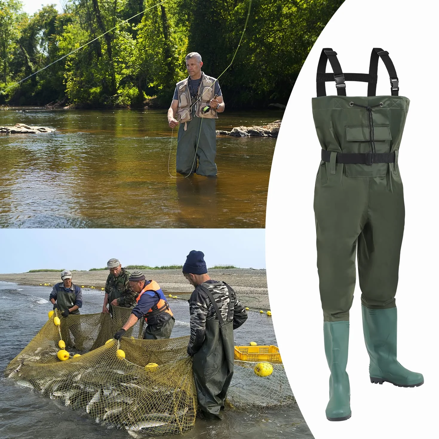 Wathose Herren, Anglerhose 70D Nylon mit Stiefe, PVC Watthosen Wasserdichtl mit Haken, Angelhose mit Verstellbarer Schultergurt, Fischerhose für Baustellen, Gärten