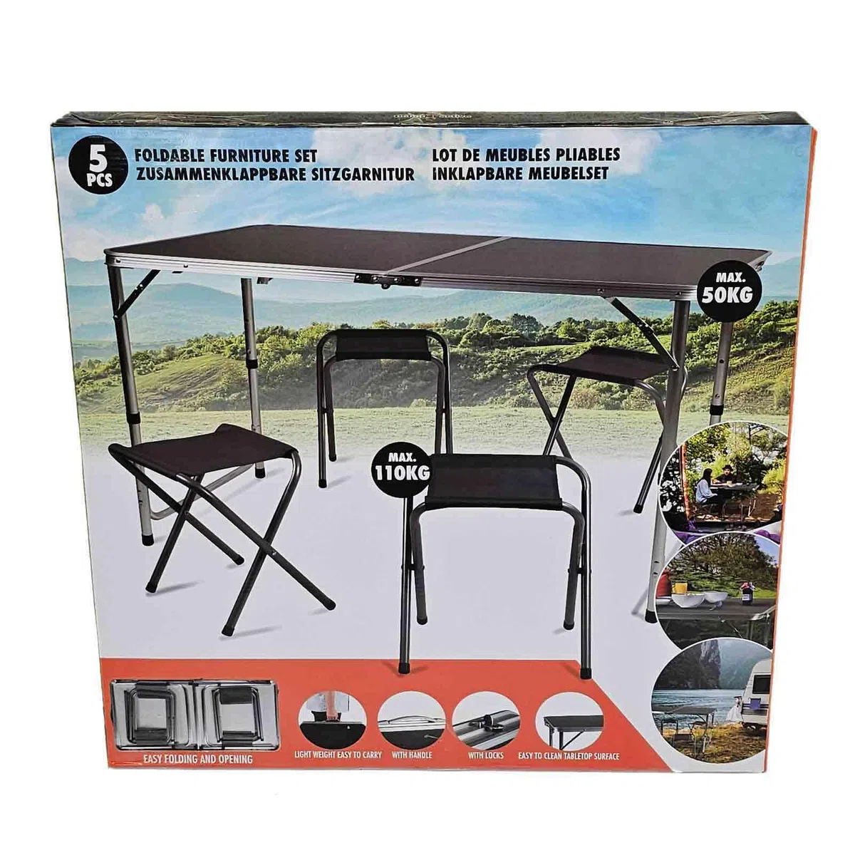 Camping-Sitzgarnitur - klappbar (4 Hocker & 1 Tisch)