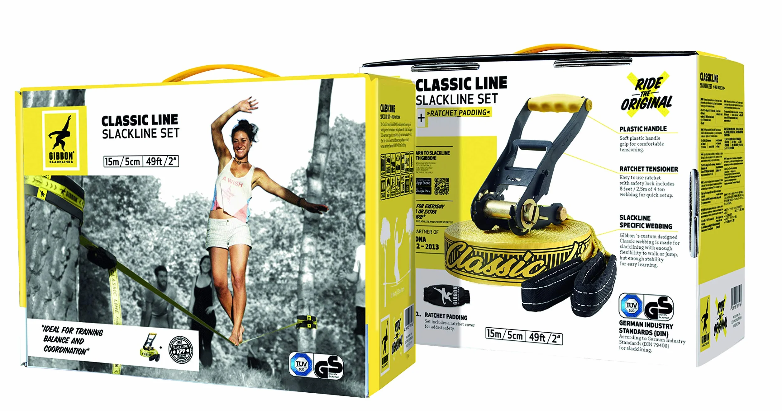 Gibbon Slacklines Slackline Set Gibbon Slacklines Classic, Gelb,15 Meter Komplettset
