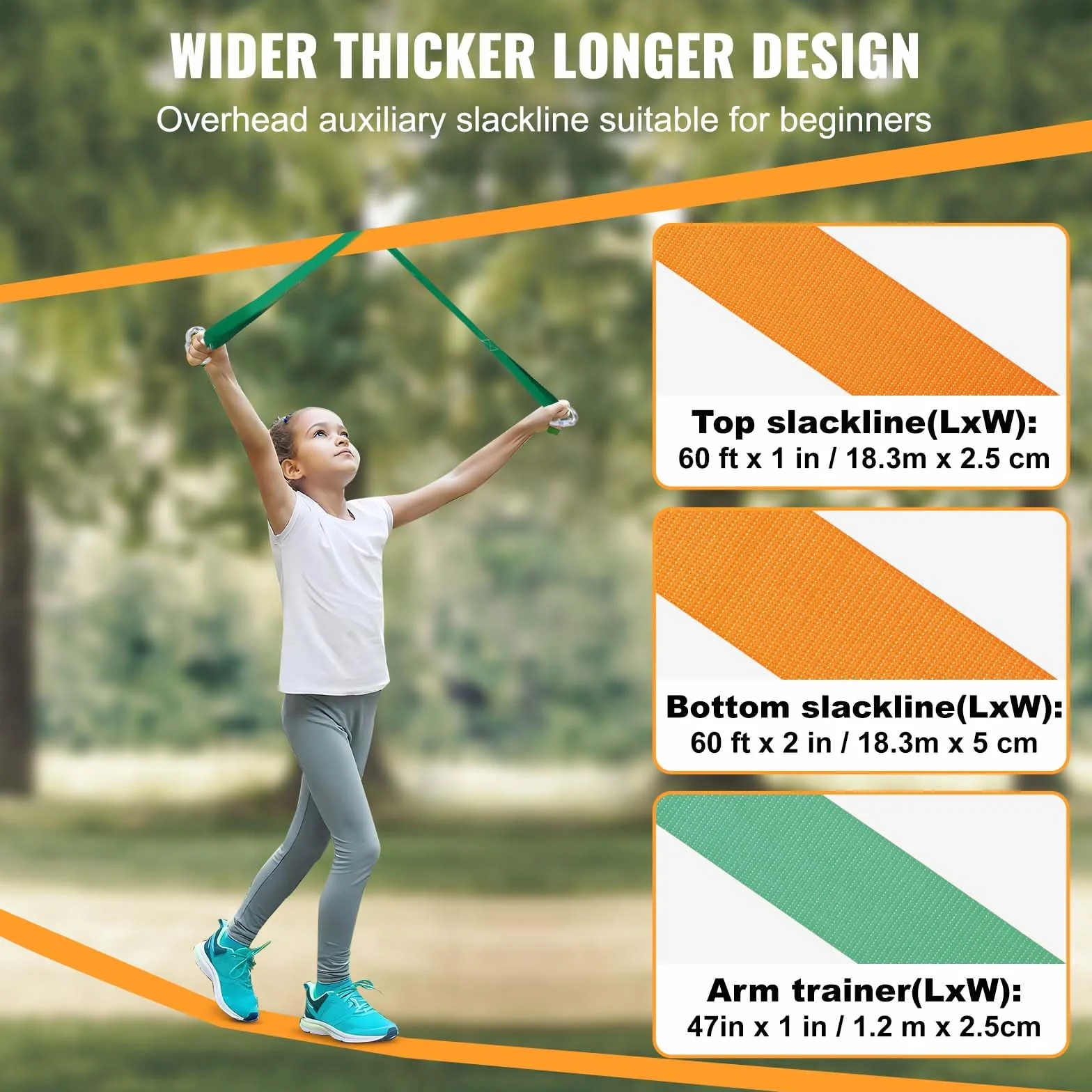 VEVOR Slackline Hindernisse Set 2 x 18,3 m Slacklines 2 x 1,5 m Baumschutz, 226,8 kg Tragkraft Ninja Hinderniskurs, Outdoor-Spielset-Ausrüstung, Hinterhofspielzeug-Trainingsausrüstungsset Orange