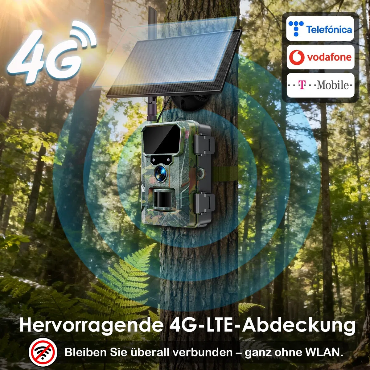 WOLFANG 4G/LTE Wildkamera Solar, 2K 48MP Live Übertragung Wildkamera mit Handyübertragung App, 5200H mAh Akku, Wildtierkamera mit Nachtsicht Bewegungsmelder mit 64G Speicherkarte IP66 Wasserdicht