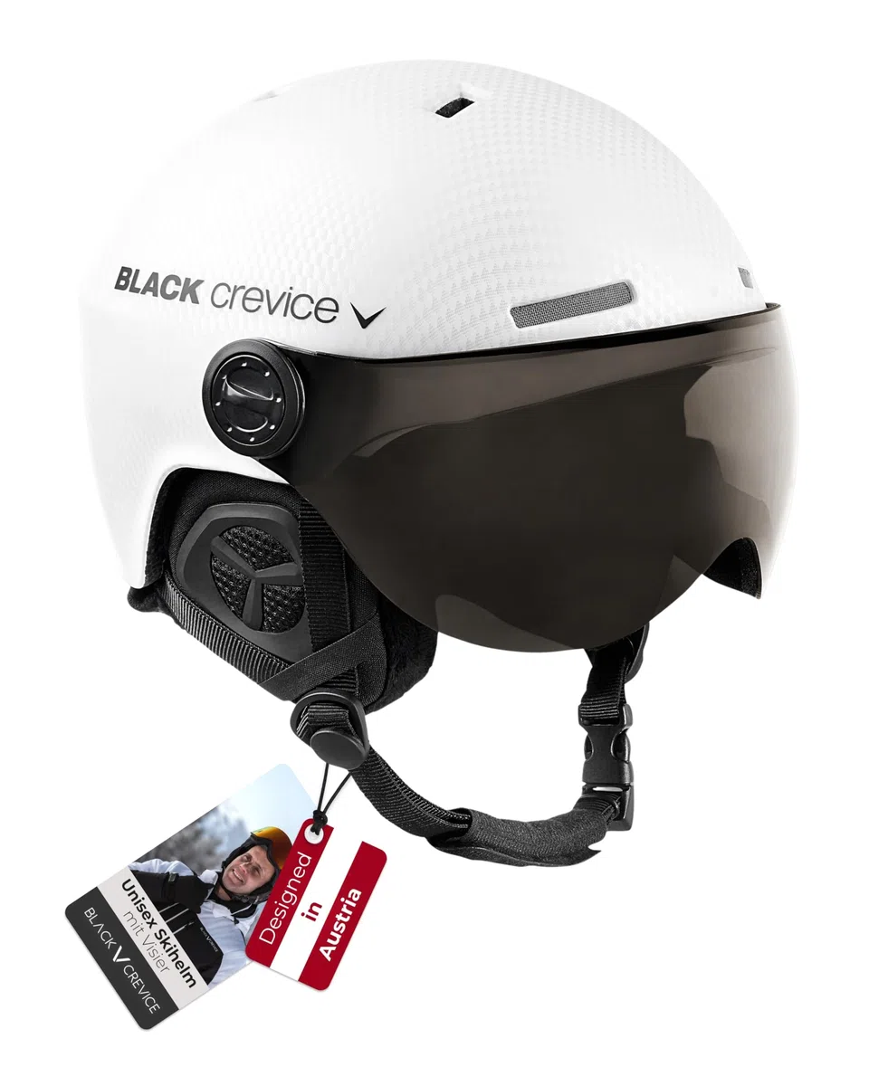 BLACK CREVICE Skihelm Gstaad Mit Visier im Pilotenstyle für Herren & Damen | Aus Polycarbonat | Atmungsaktiv | Größenverstellbar