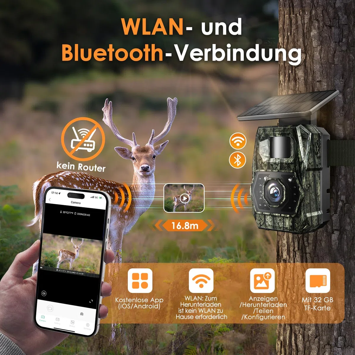 Wildkamera WLAN mit Handyübertragung App, 4K 64MP Solar Akku 5200mAh Bewegungsmelder Nachtsicht 0,1s Auslösezeit Bluetooth IP66