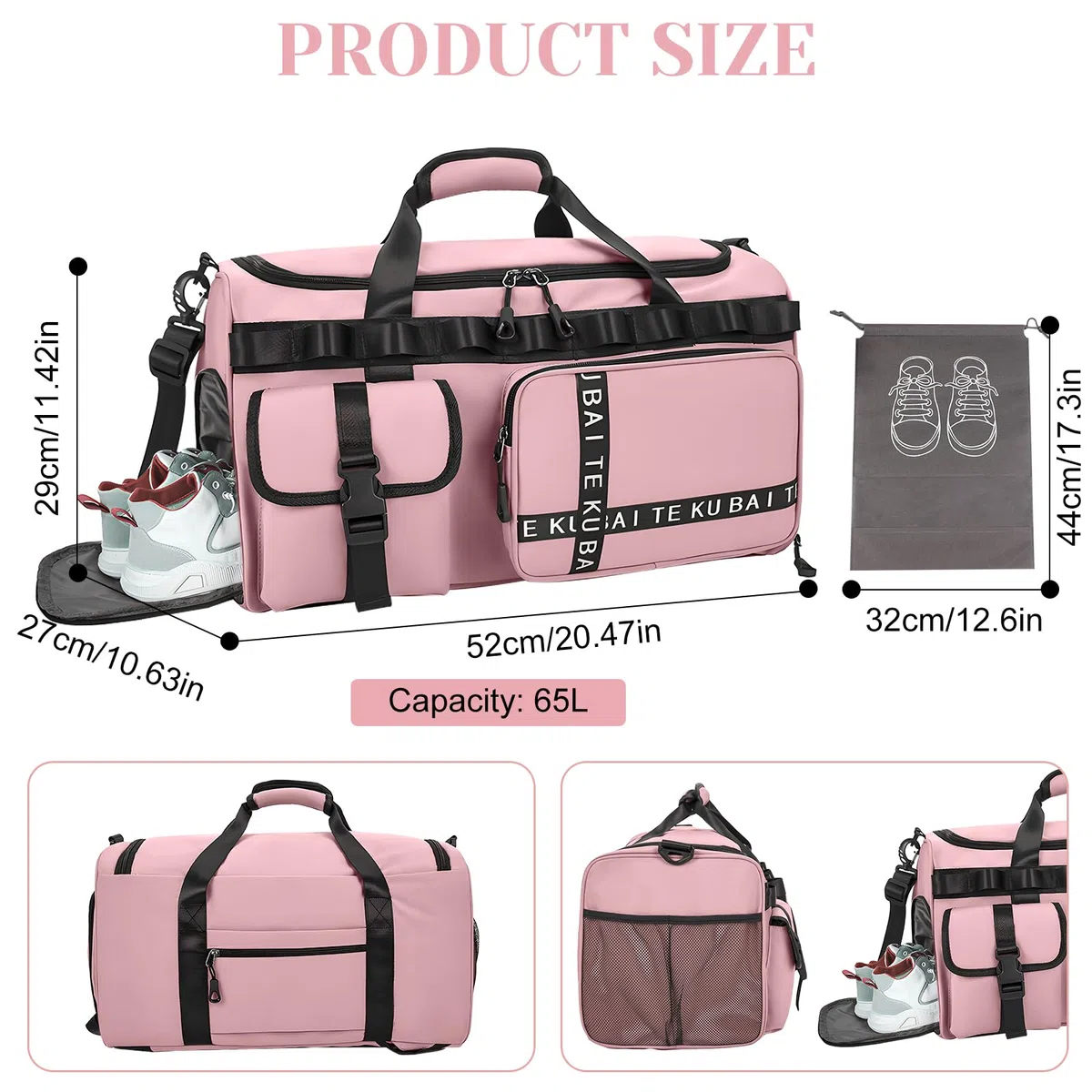 Sporttasche Reisetasche für Damen und Herren, Groß 65L Sporttaschen mit Schuhfach & Nassfach, Large Capacity Reise Tasche Gym Bag, Travel Schwimmtasche Übernachtung Tasche (Rosa)