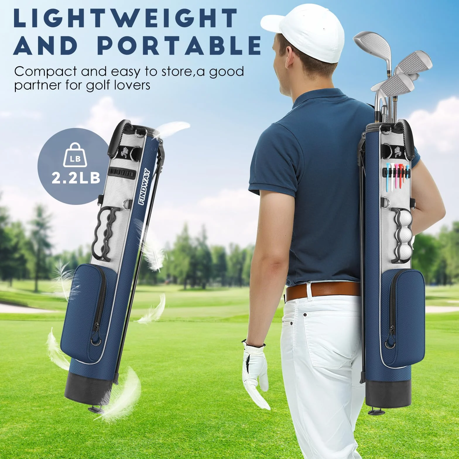 Findway Golf Bag, Golf Stand Tragetasche mit Riemen, Leichter Einfach zu tragen und haltbare Pitch n Putt Golftasche für die Driving Range, Par 3 und Executive Plätze, 80 cm Hoch