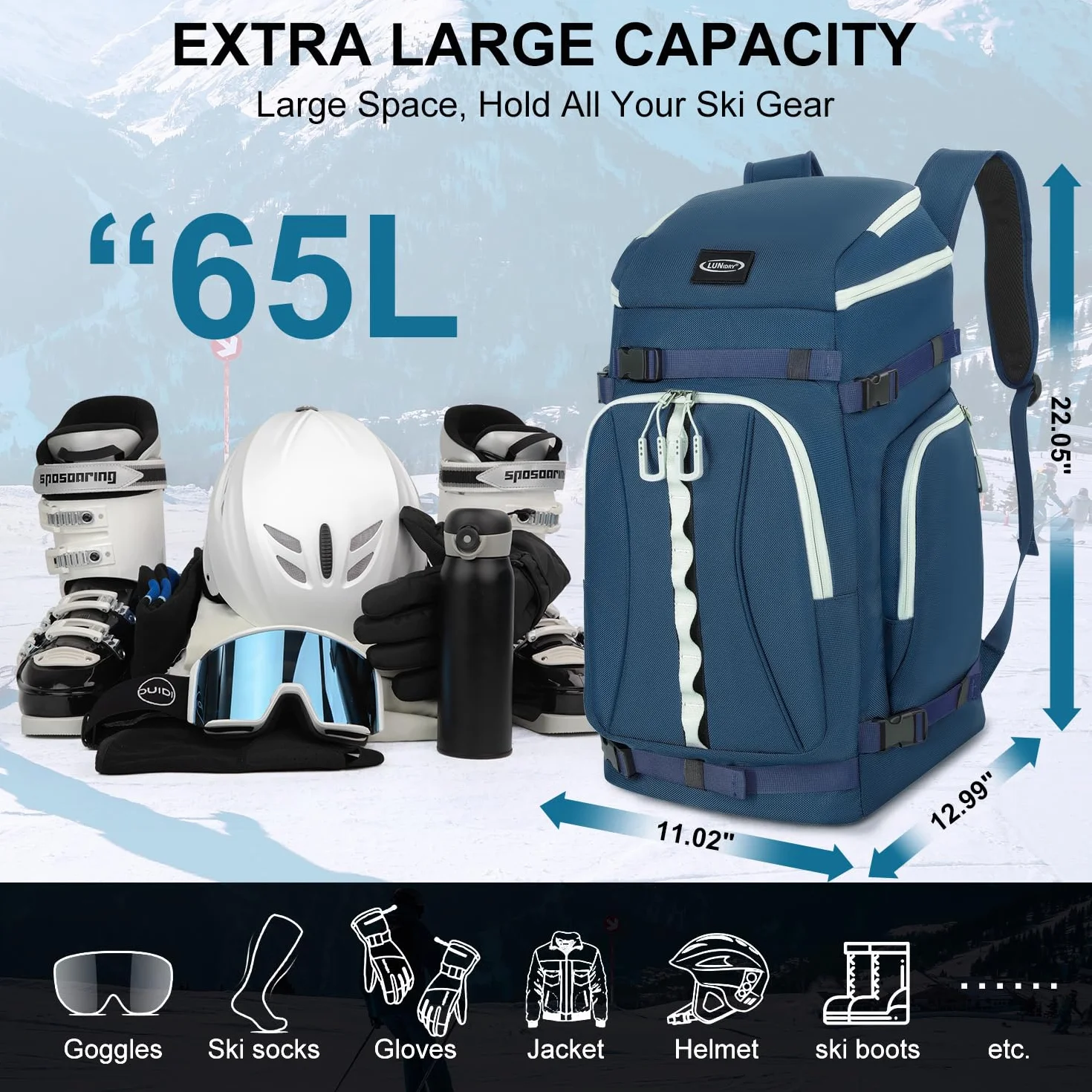 Skischuhtasche mit Helmfach, 65L Skirucksack Skischuhrucksack mit Ski Helmtasche, Wasserdicht Skitasche Skisack für Skistiefel, Schlittschuhe, Skibrille, Snowboard, Skihandschuh