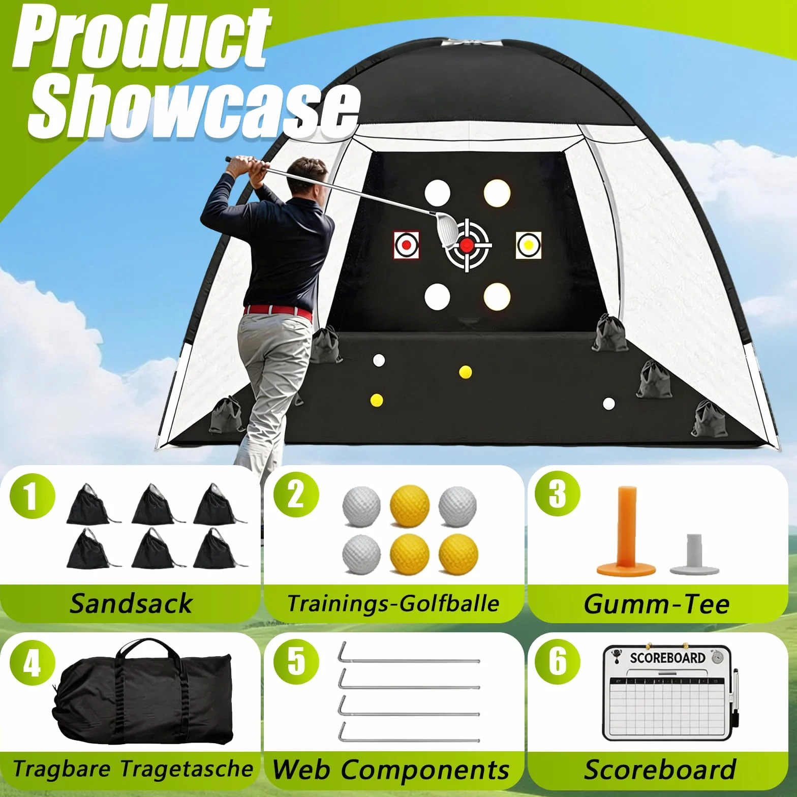 Golf Übungsnetz, 300 x 200 cm Golf Chipping Netz für Indoor und Outdoor Golf Trainingshilfen mit Rasenmatte Golfbälle Tees Sandsack Haken Zähler und Tragetasche für Training im Innen- und Außenbereich