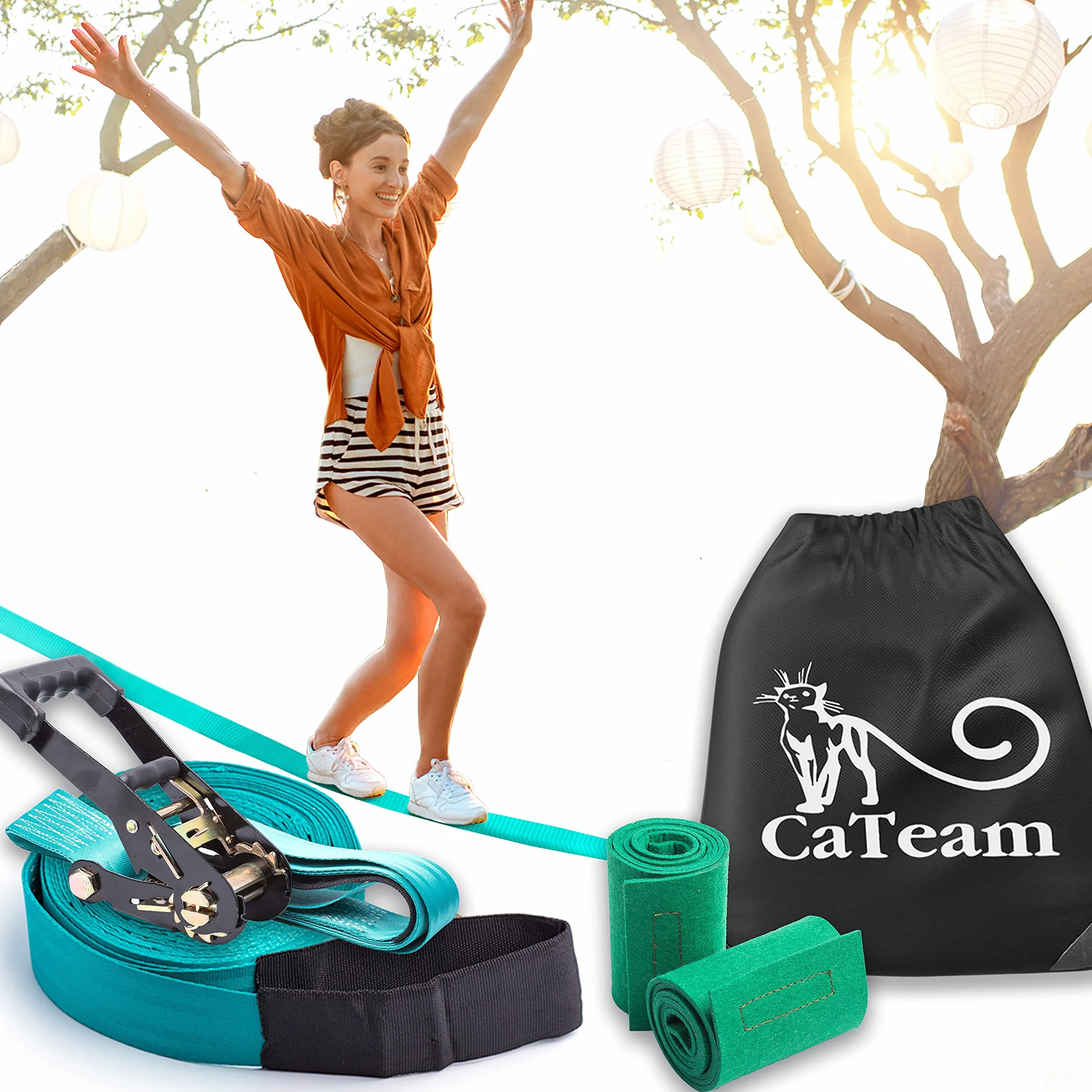 Slackline für Gleichgewichtstraining 50 'mit Hochleistungs-Industrieratsche, Baumschutzband und Tragetasche - Slack Lines für den Garten - Ninja Slackline Support -Geschenkset für Kinder (Türkis)