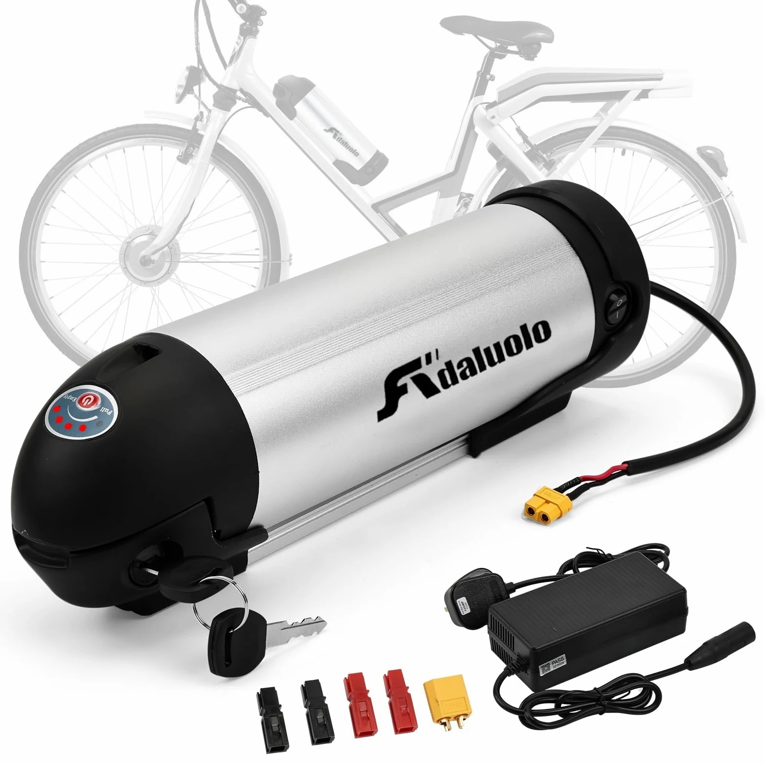 E-Bike Akku 36V 10AH Trinkflaschen Ersatzakku Silber Elektrofahrrad Flaschenbatterie Lithium-Fahrrad-Akku mit Ladegerät, Kontrollleuchte, Basishalterung