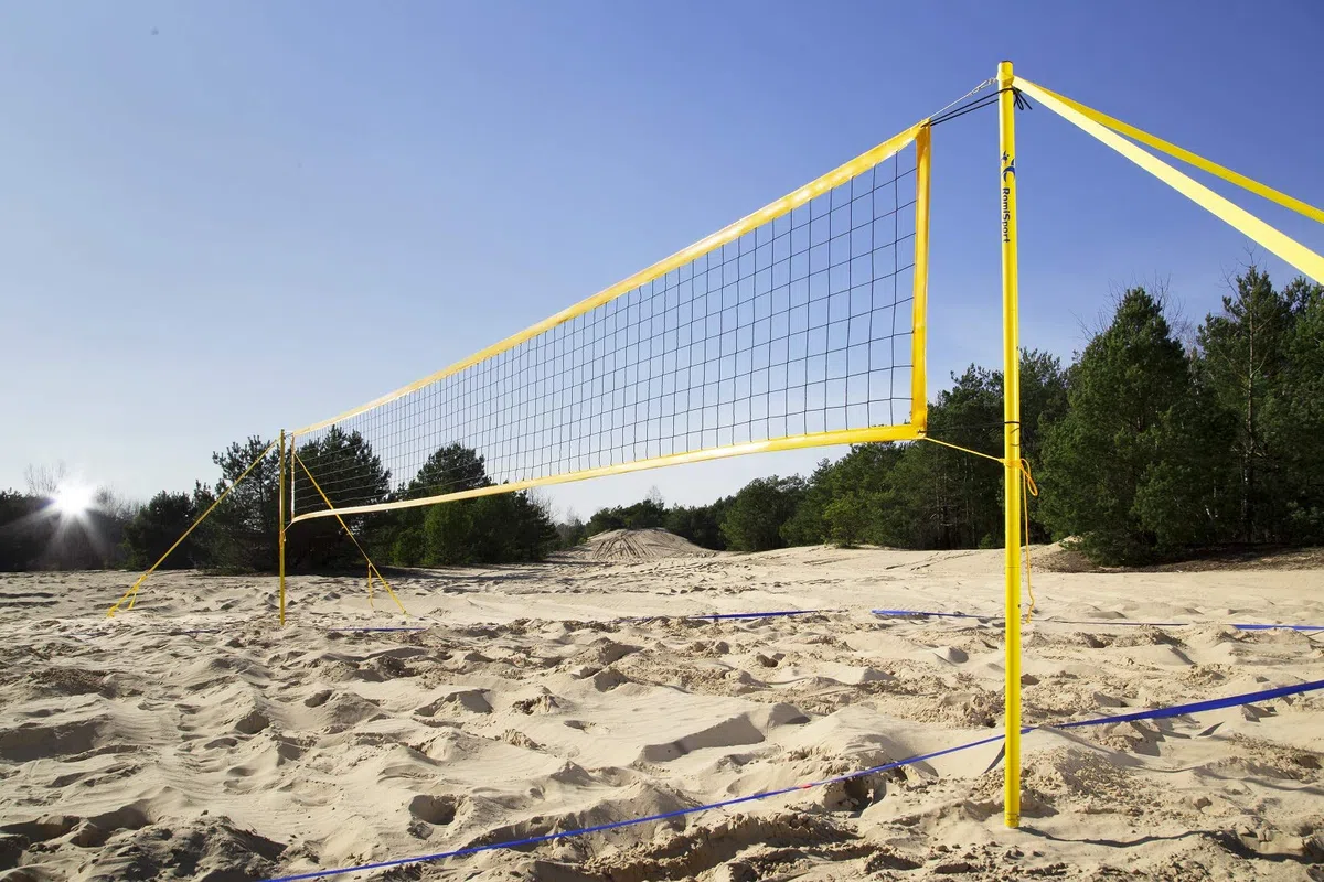 Beachvolleyball komplettes Netz + Pfosten + Feldmarkierung Courtline, 8.5 m, 9.5 m, Beachvolleyball komplettes Netz + Pfosten + Feldmarkierung Rasen Sand