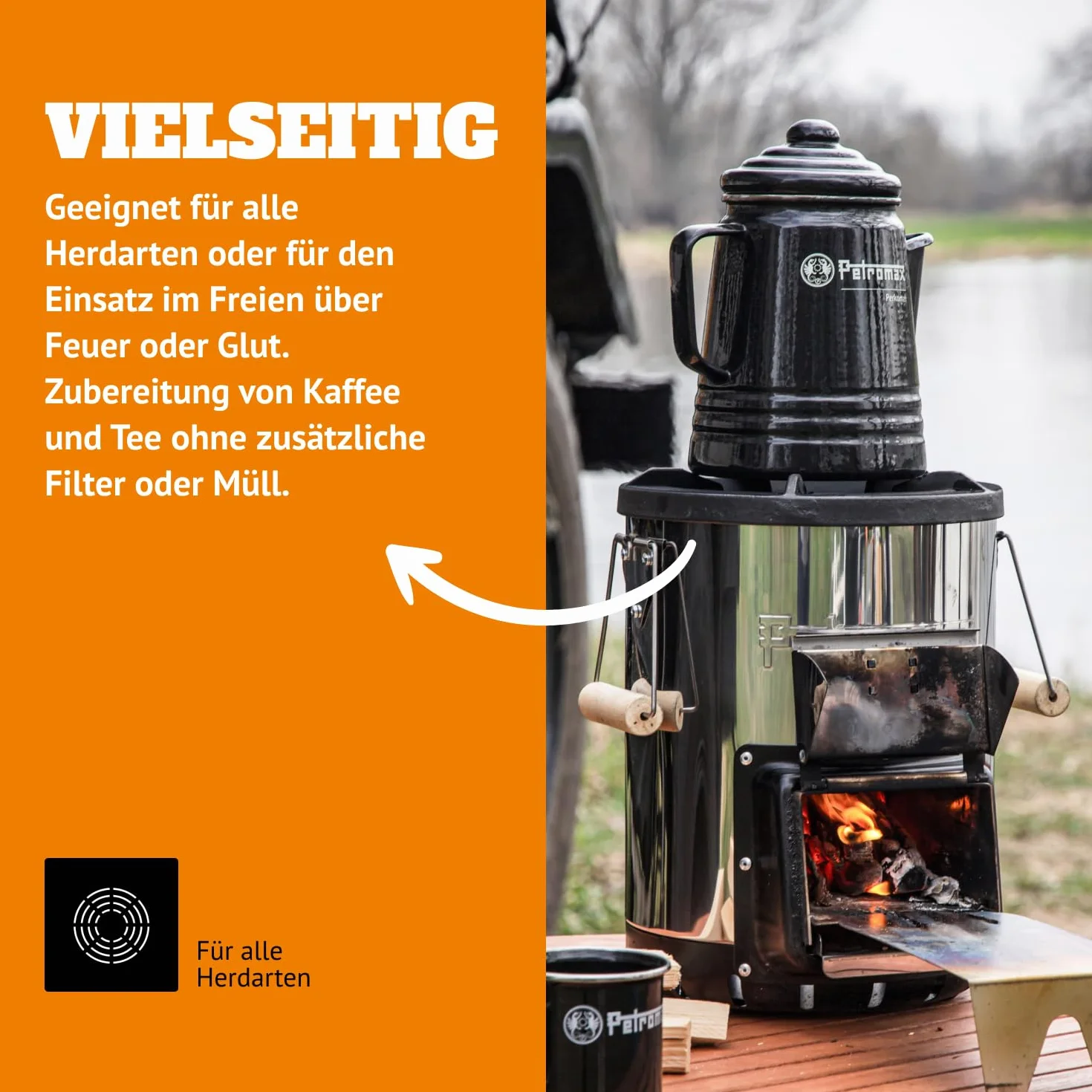 Petromax Perkomax Perkolator, Kaffee & Teekanne, emailliert, 9 Tassen, für Camping & Herd - 1,5 Liter schwarz