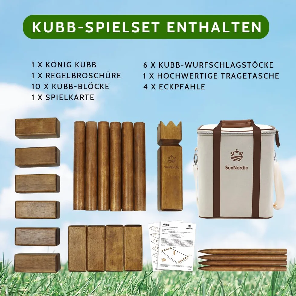 SunNordic Kubb Wikinger Wurfspiel, Schwedisches Schachspiel Aus Hochwertigem Gummibaumholz, Inklusive Tragetasche Aus Segeltuch Und Spielanleitung – Robustes Kubb Yard-Spiel FüR Kinder Und Erwachsene