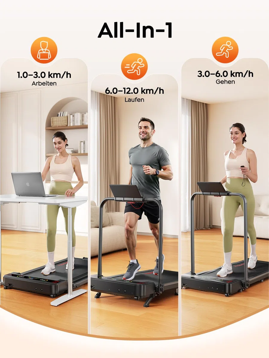 Klappbares Laufband mit Steigung für Zuhause & Büro – 9% manuelle Neigung, kein Aufbau nötig, All-in-1 Walking Pad für klappbar, 1–12 km/h, LED-Doppelanzeige, Walkingpad mit App & Fernbedienung