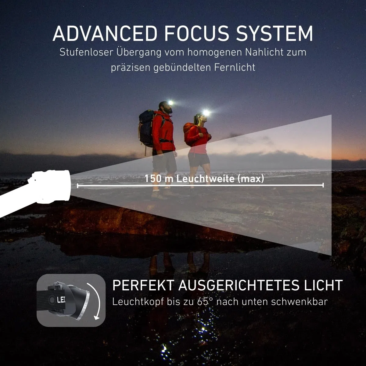 Ledlenser H8R Stirnlampe LED, aufladbar mit Lithium 18650 Akku, 600 Lumen, fokussierbar, bis zu 120h Laufzeit, rotes Rücklicht, schwenkbar, USB Ladekabel, Headlamp