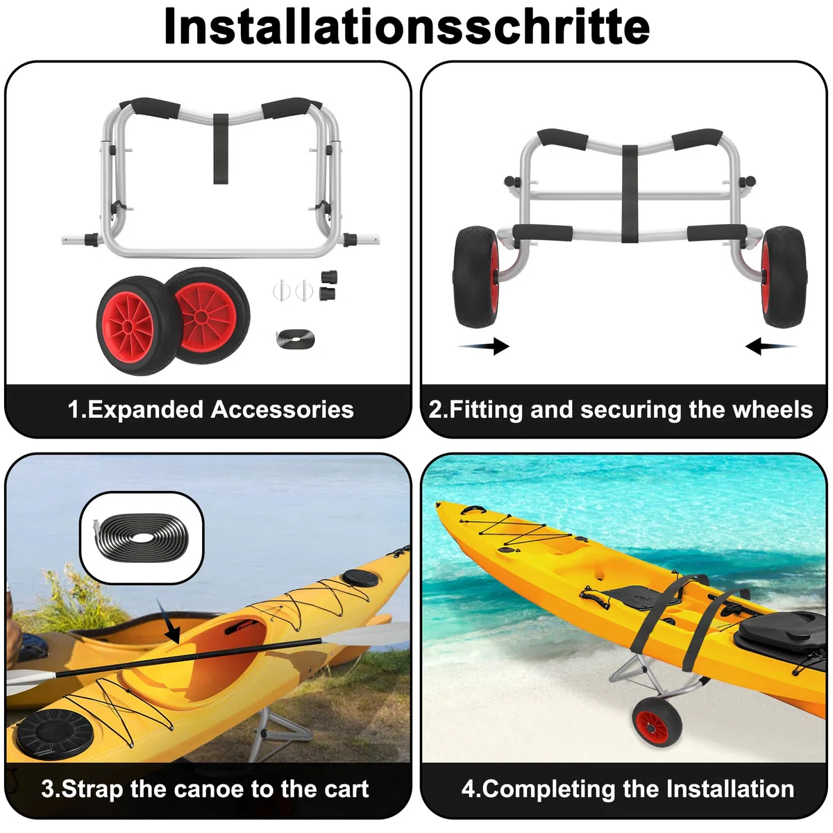 Faltbarer Kanuwagen, Aluminium Kajak Transportwagen mit PU-Luftreifen & Spannriemen, Freistehend Anhänger für Boote/Kajaks/Kanus/Paddleboards/Schlauchboot, Mobile Bootswagen zum Transportieren