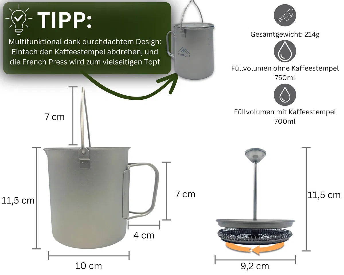 Titan French Press Topf - 750ml mit Edelstahl Hand-Kaffeemühle, Präzisionsfilter, Leicht & Kompakt - Outdoor Kaffeekocher, Camping French Press