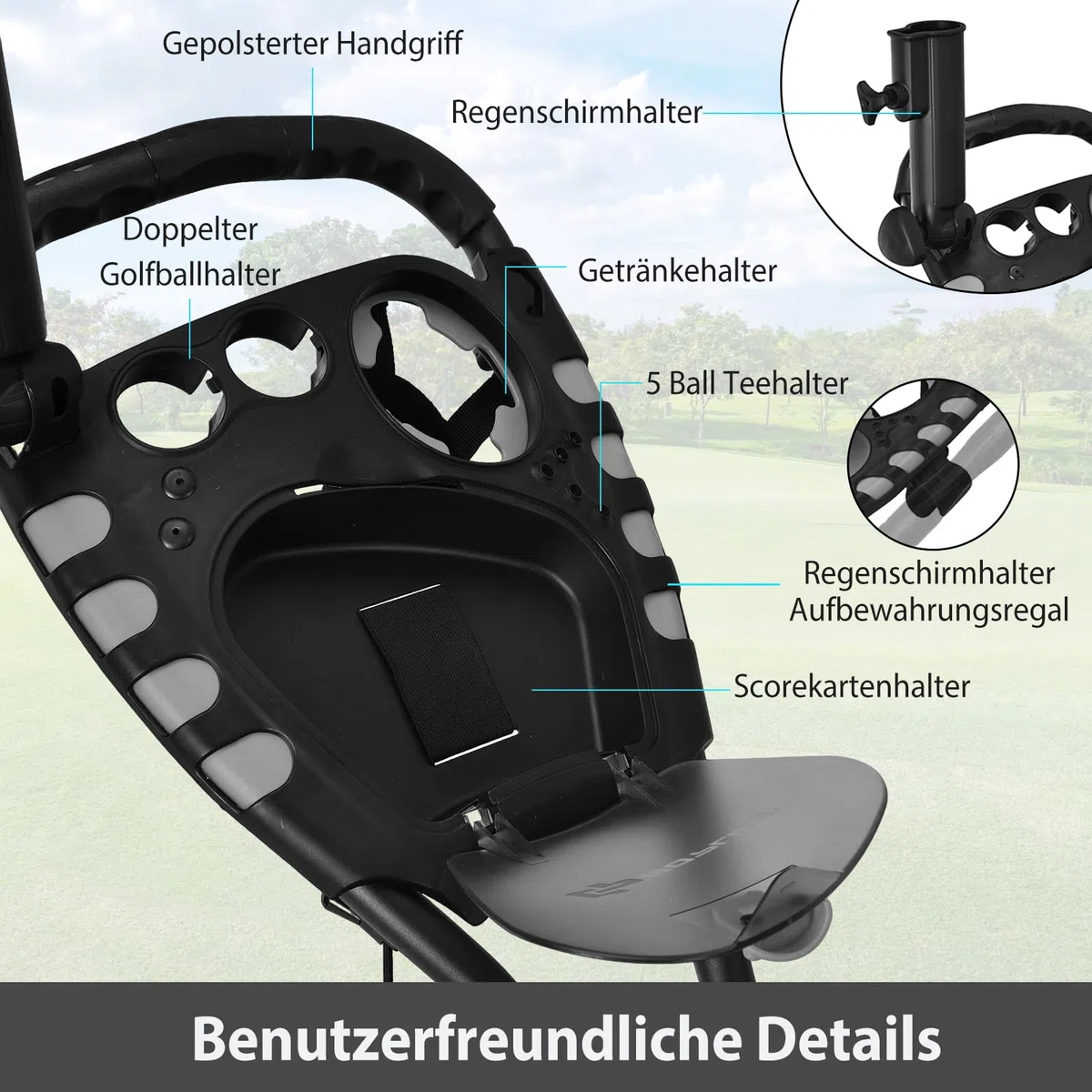 COSTWAY Golf Trolley, 4 Rad Golftrolley, Golfwagen klappbar, Golfcaddy aus Aluminum, Golfcaddy mit Schirmhalter, T-Stückhalterung und Aufbewahrungstasche (Grau)