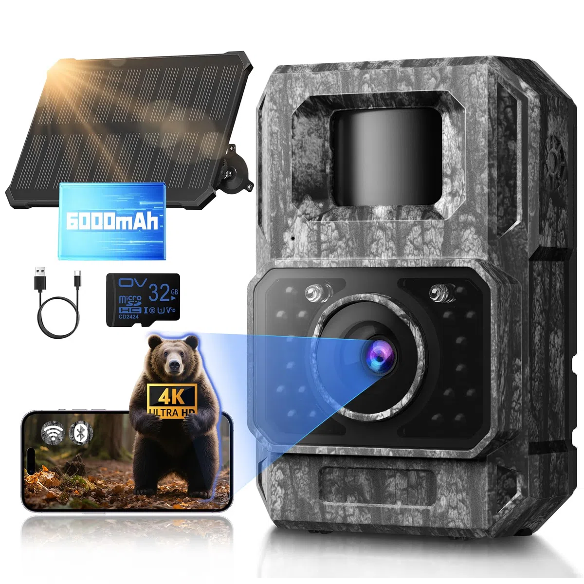 MAXDONE Wildkamera Solar WLAN mit Handyübertragung App - 4K 64MP Wildtierkamera Bluetooth mit Bewegungsmelder Nachtsicht 6000mAh Lithium-Batterie, 32GB SD-Karte, Nachtsichtkamera IP66
