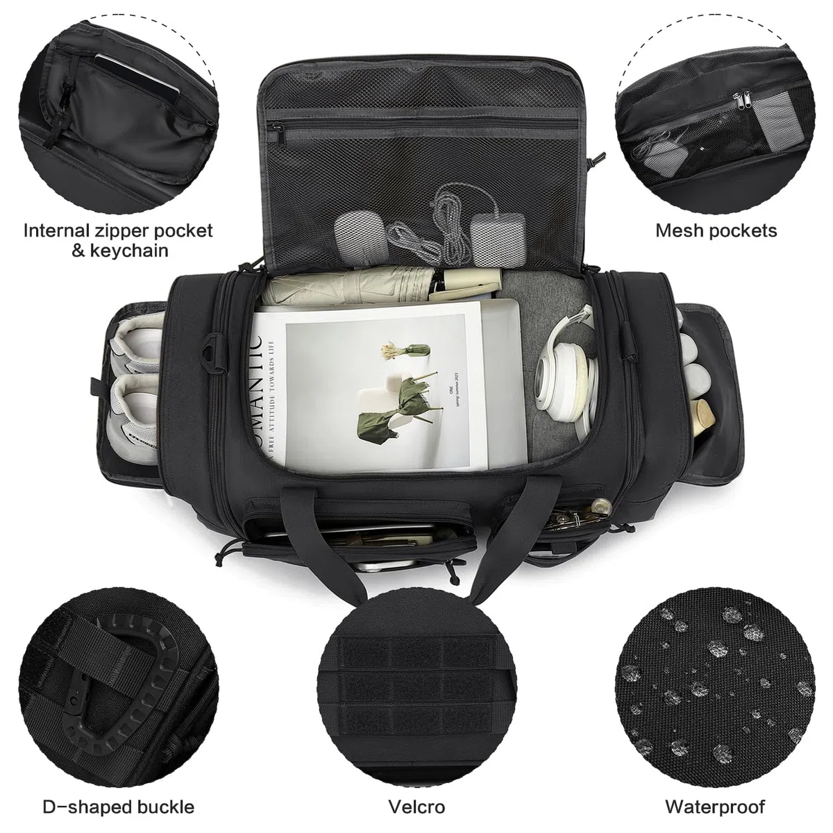 Taktische Reisetasche Sporttasche 40-45L Erweiterbar 3-in-1 Sporttaschen Herren Mittel mit Schuhfach Nassfach und Rucksackfunktion Trainingstasche Damen für Militär Fitness Gym Sauna, Schwarz