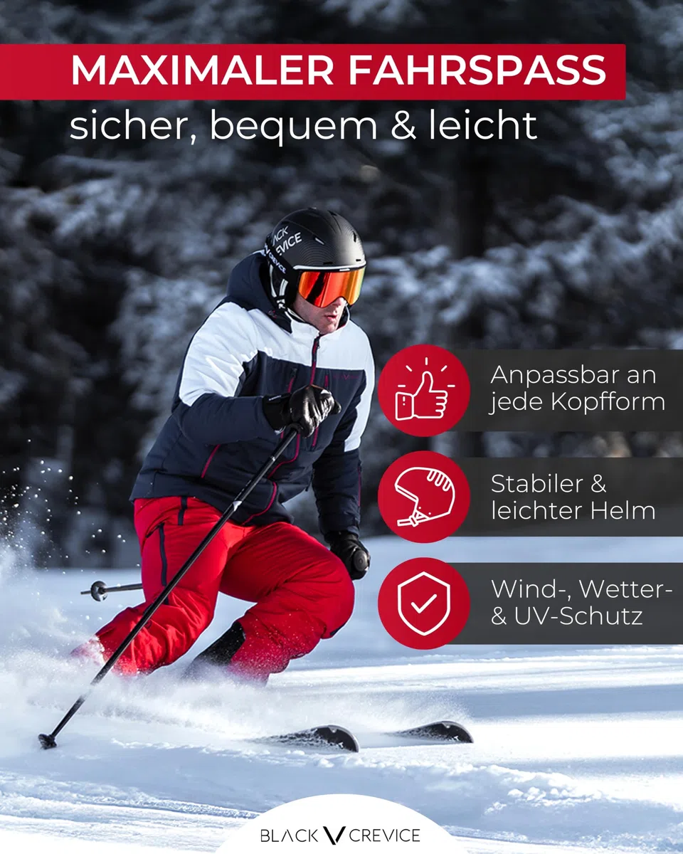BLACK CREVICE Skihelm Gstaad Mit Visier im Pilotenstyle für Herren & Damen | Aus Polycarbonat | Atmungsaktiv | Größenverstellbar