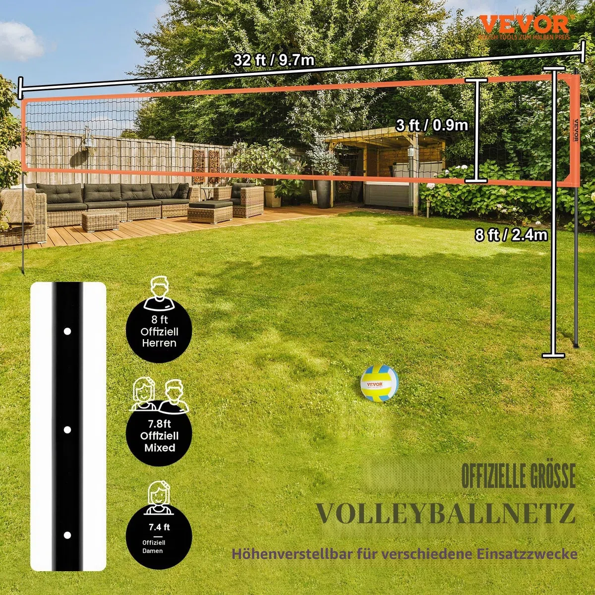 VEVOR Höhenverstellbares Volleyballnetz Set, 9,7 x 2,4 m Tragbarer Beachvolleyball-Netz, Orange Faltbar Mit Volleyball & Tragetasche, Für Garten, Strand