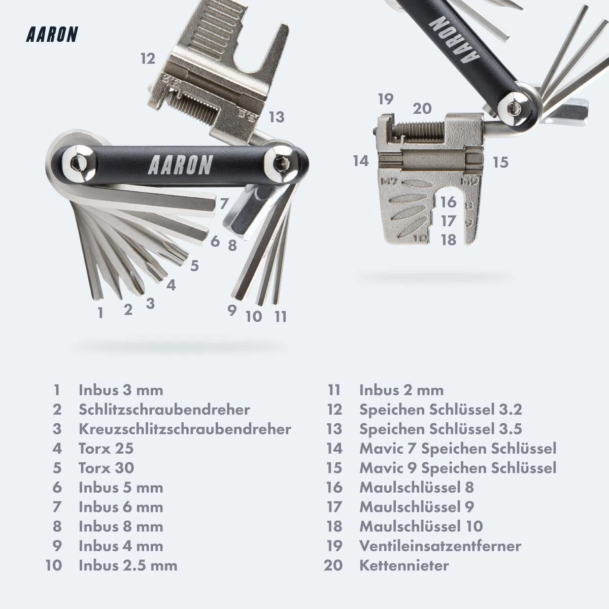 AARON Tool 20 in 1 Multitool - Fahrrad Multifunktionswerkzeug aus rostfreiem Stahl/Aluminium - faltbares Mini Fahrradwerkzeug mit vielen Funktionen - praktisches Bike Tool in Schwarz
