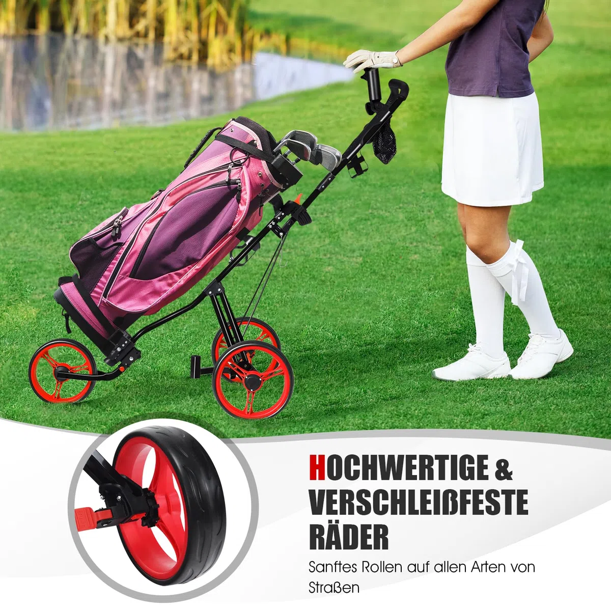 COSTWAY Golftrolley, Golf Trolley, Golftrolley 3 Rad Klappbar, Golfwagen Klappbar, Golf Cart, Golf Trolleys | mit verstellbarem Sitz & Griff & Halter für Schirm und Flasche