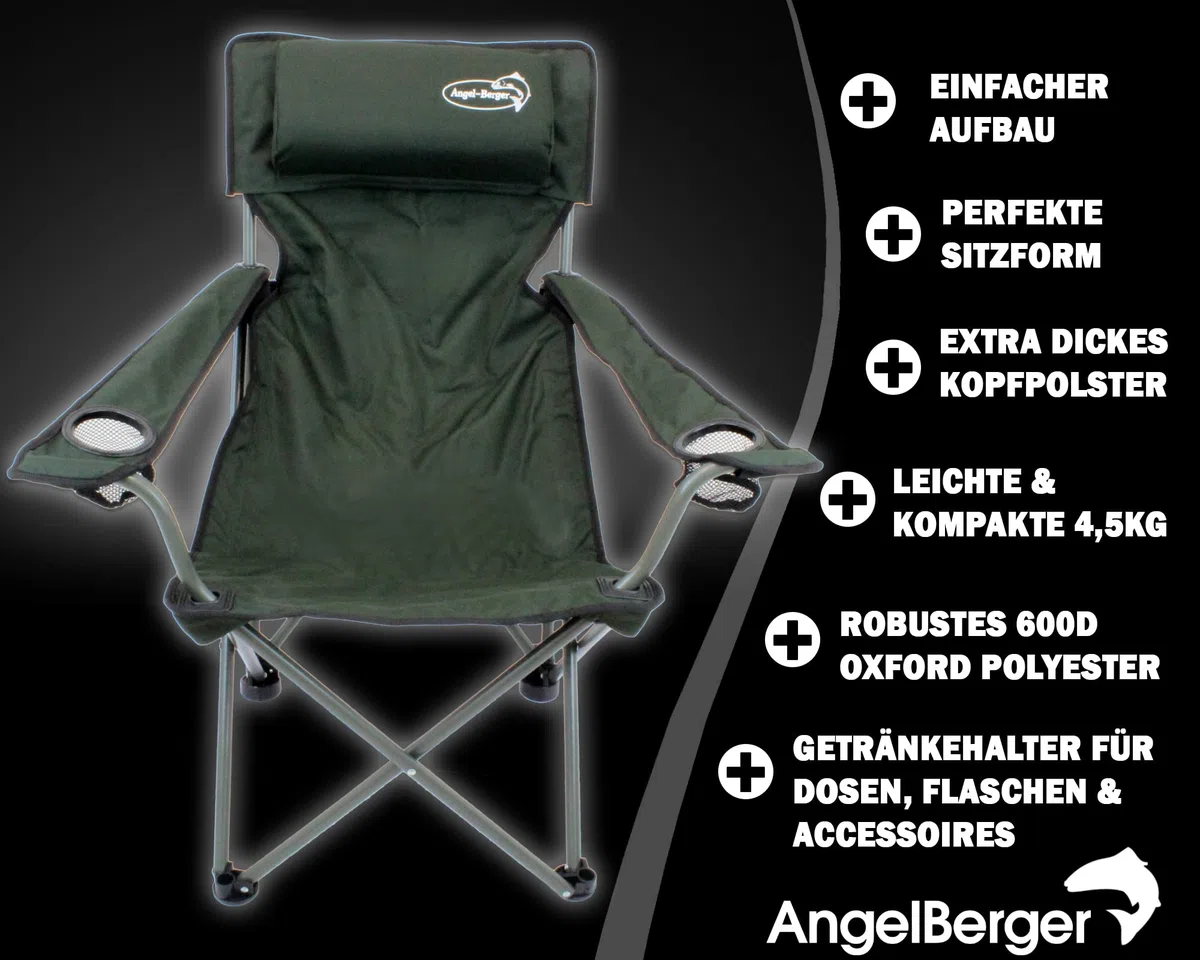 Angel-Berger Luxus Faltstuhl Klappstuhl mit Getränkehaltern Polster und Armlehnen Grün