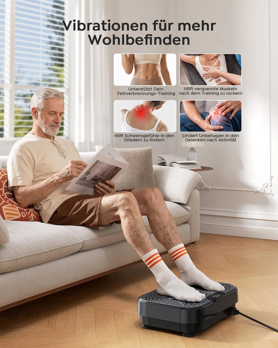 Vibrationsplatte, Burever Vibration Plate 150W, Leise Fußmassage, Muskelaufbau und -formung, 99 Intensitätsstufen, 5 Trainingsprogramme, Fernbedienung, Widerstandsbänder