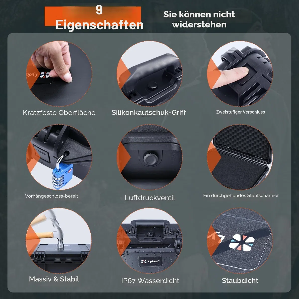 Lykus HC-3010 Wasserdicht Pistolenkoffer/Waffenkoffer mit anpassbar Rasterschaumstoff, Innengröße 30x20x12 cm, geeignet für Pistole, kleine Drohne, Camcorder, Actionkamera und andere