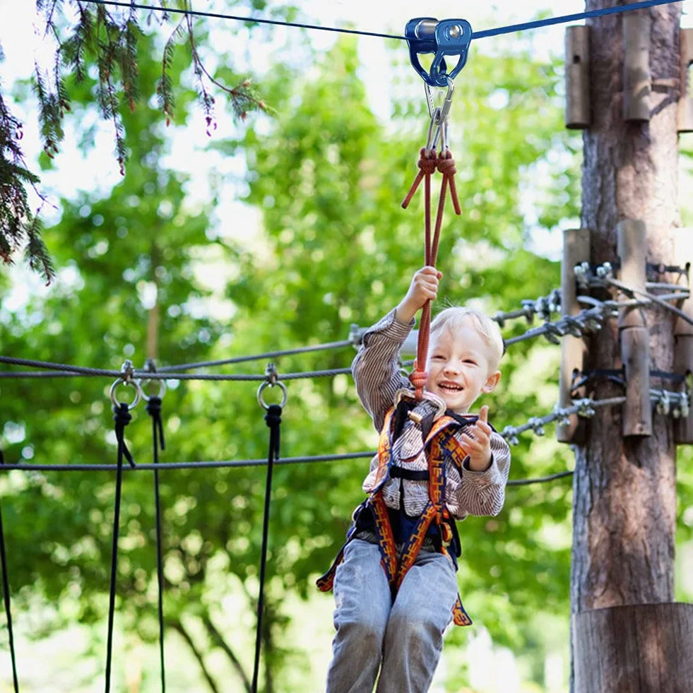 Slackline-Set mit Seilrolle + Baum Schutz, 15m Slackline, Pully-Zubehör für Hindernisparcours