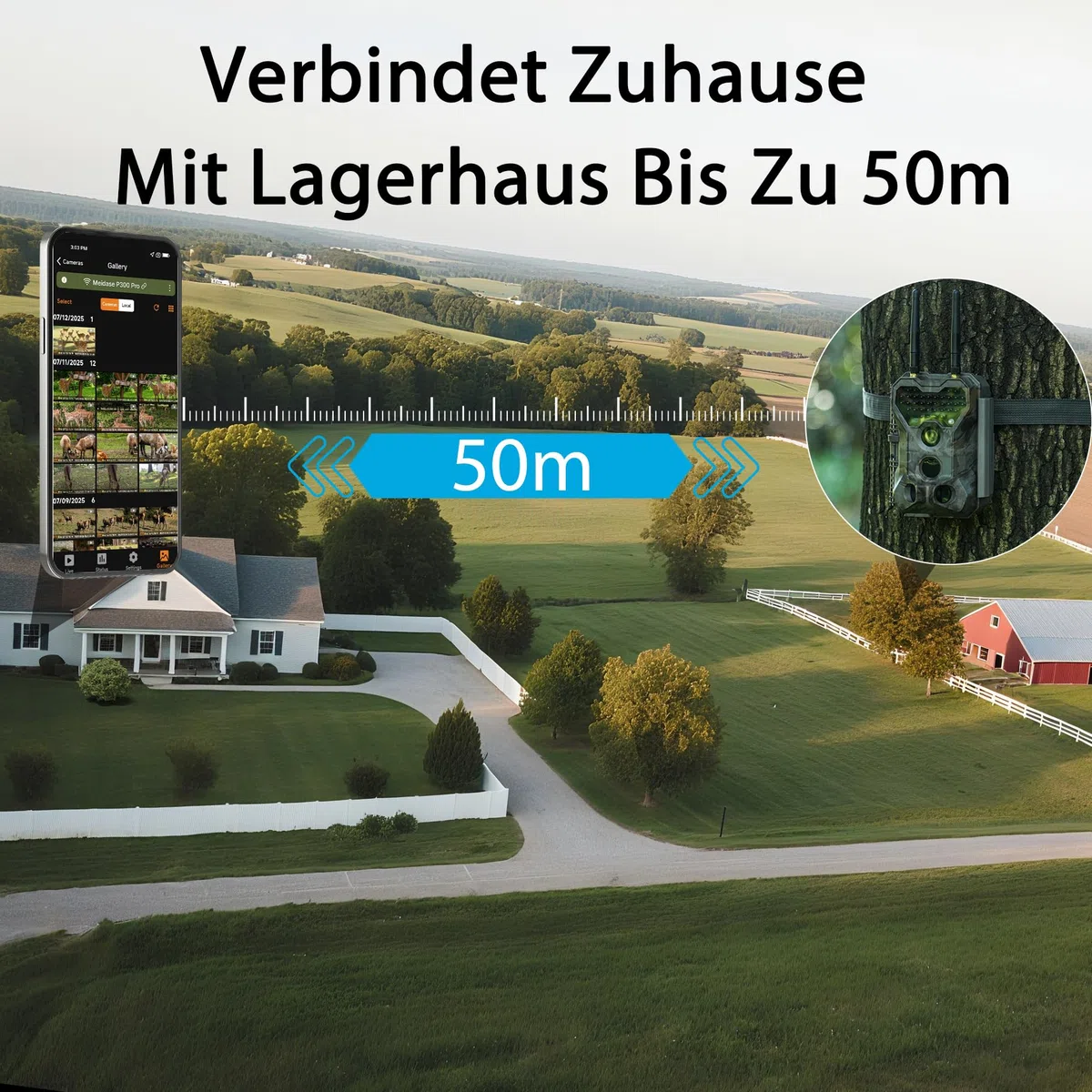 Meidase P300 Wildkamera, WiFi Bluetooth 50m Verbindungsreichweite, Dual Antenne, 64mp 1296p, Nachtsehen, Bewegungsaktivierung, Ip66 Wasserdicht, App Übertragung, Außenüberwachung