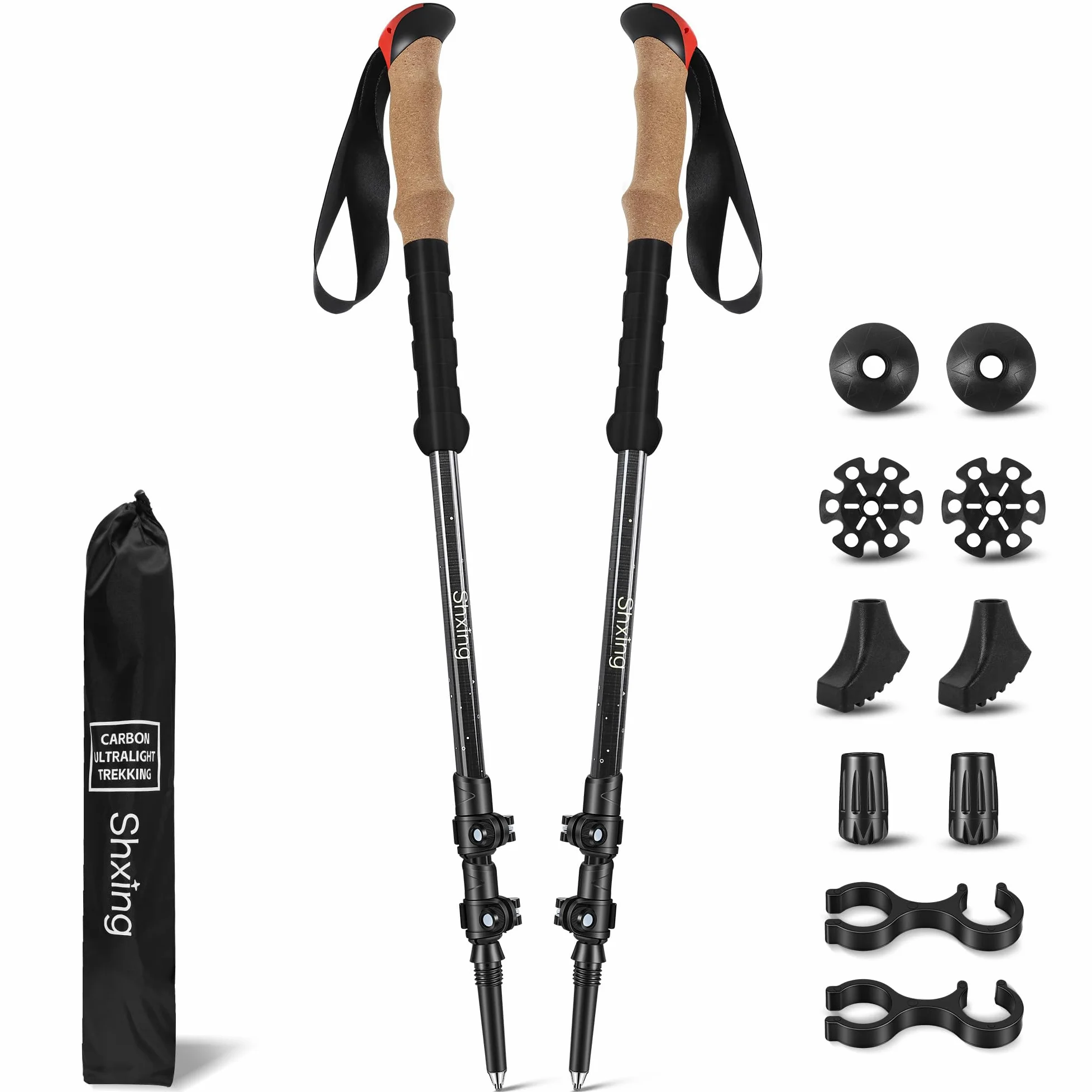 Teleskop-Wanderstöcke Carbon 2er Set, 200 g pro Stock, Schwarz | 62–135 cm verstellbar, Korkgriff mit EVA, Alu-Verschluss, Tasche & 10 Zubehörteile, für Wandern & Trekking