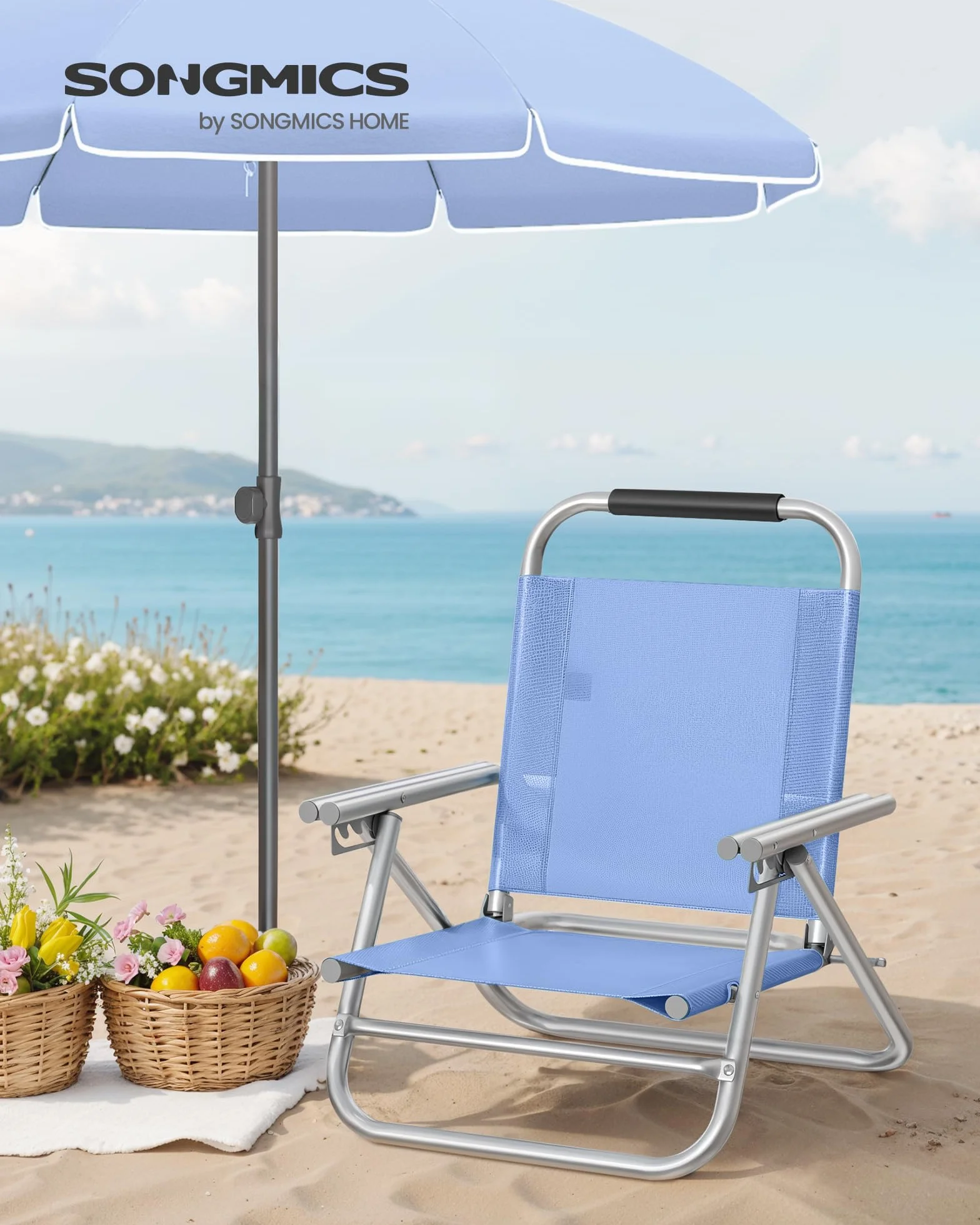 SONGMICS Strandstuhl, tragbarer Klappstuhl, Rückenlehne 4-stufig verstellbar, mit Armlehnen, atmungsaktiv und komfortabel, Outdoor-Stuhl