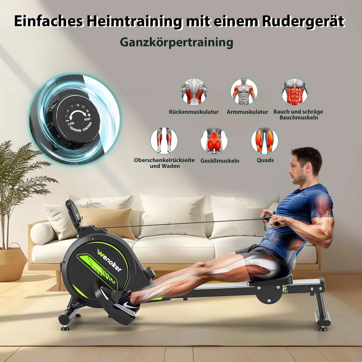 WENOKER Magnetisches Rudergerät für Zuhause: <30dB Leises Fitnessgerät für Wohnungen, hochkant gelagert & Platzsparend mit 160kg Tragkraft, App-Anbindung (Kinomap) & 16 Widerstandsstufen