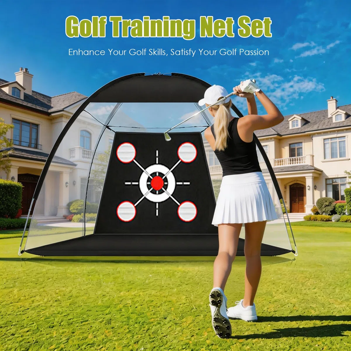 Golf-Übungsnetz mit Matte, tragbares Trainingsset (300 x 200 cm) mit Zielscheibe, 3 Abschlagmatten, 10 Golfbällen, Tees und Tragetasche für drinnen und draußen