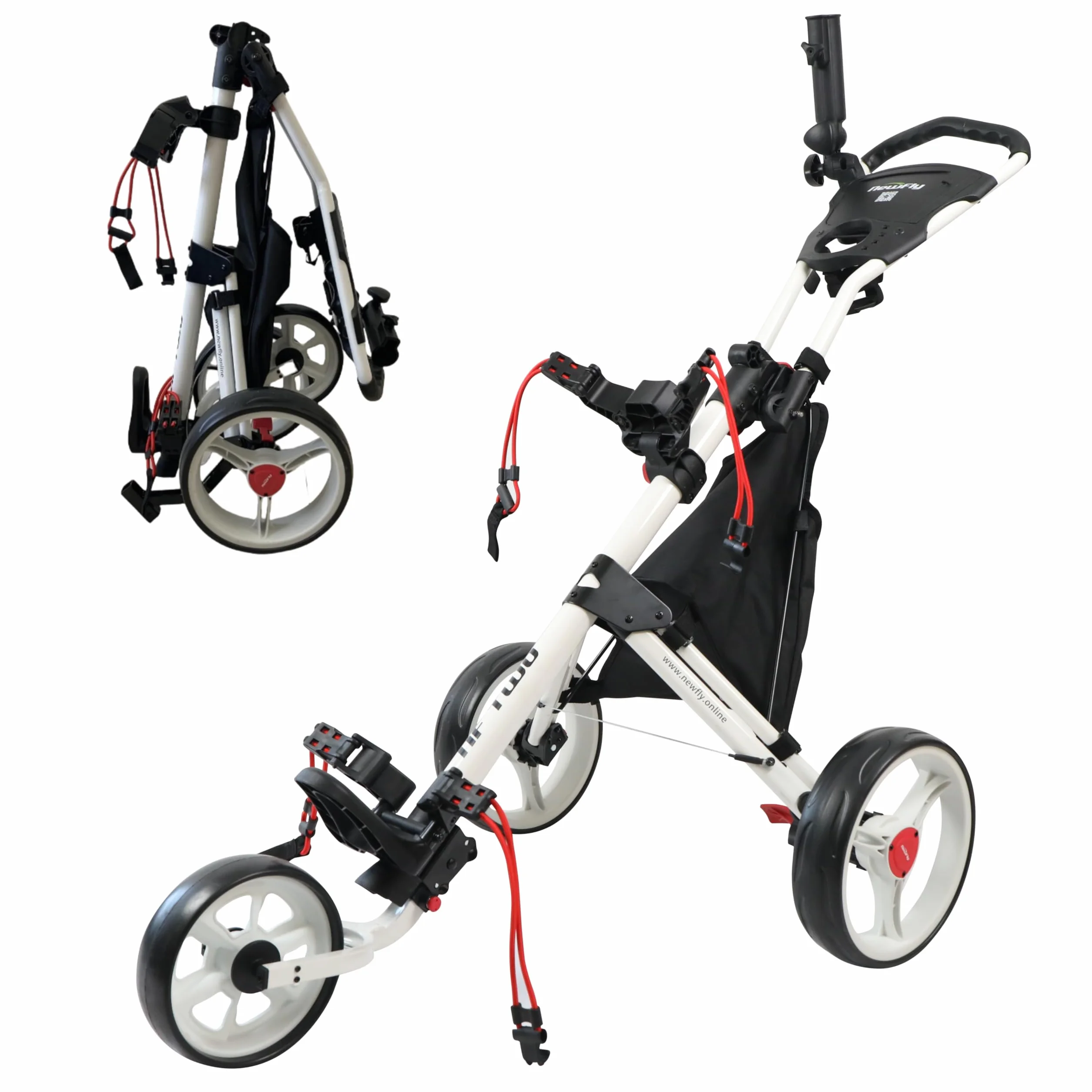 Newfly Golftrolley mit 3 Rädern, Ultraleicht, zusammenklappbar, mit Fußbremse, einfach zu öffnen und zu schließen, Golfwagen, mit Schirmhalter und Aufbewahrungstasche, Rot