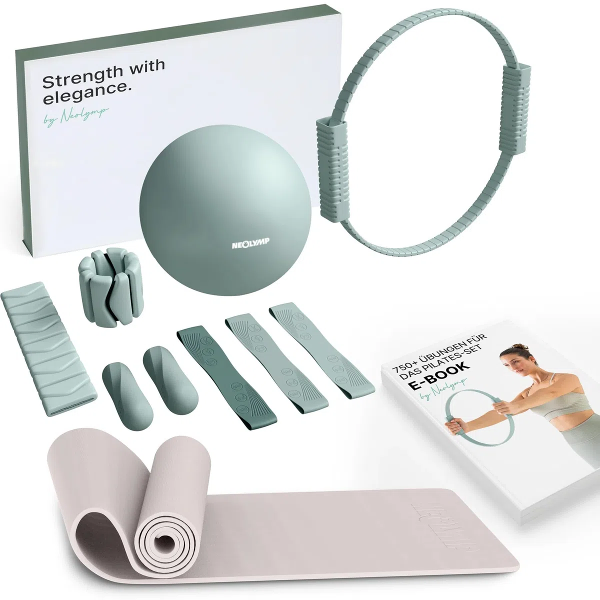 NEOLYMP Pilates Set für Zuhause – Pilates Ball, Pilates Ring & Gewichte – Komplettes Pilates Zubehör Set – inkl. Pilates Bänder, 1kg Hanteln & E-Book – Pilates Essential Kit