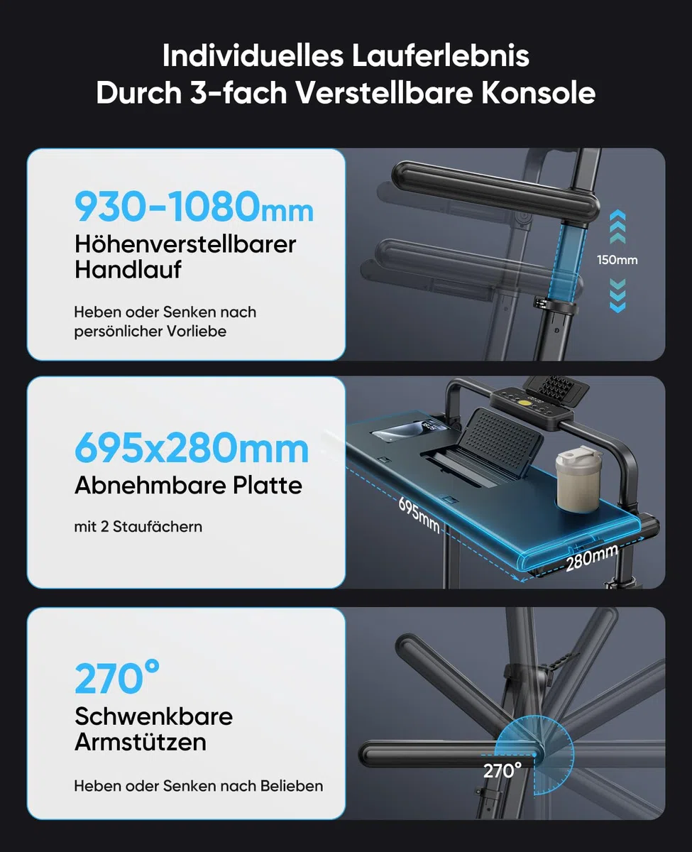 6-IN-1 Laufband für Zuhause Klappbar mit Abnehmbarem Tisch,3.0HP Laufbander mit Steigung bis 12%,12KM/H Walking Pad Klappbar mit 15cm Teleskop-Riser&RGB-Lichter,Laufband für Zuhause 150KG