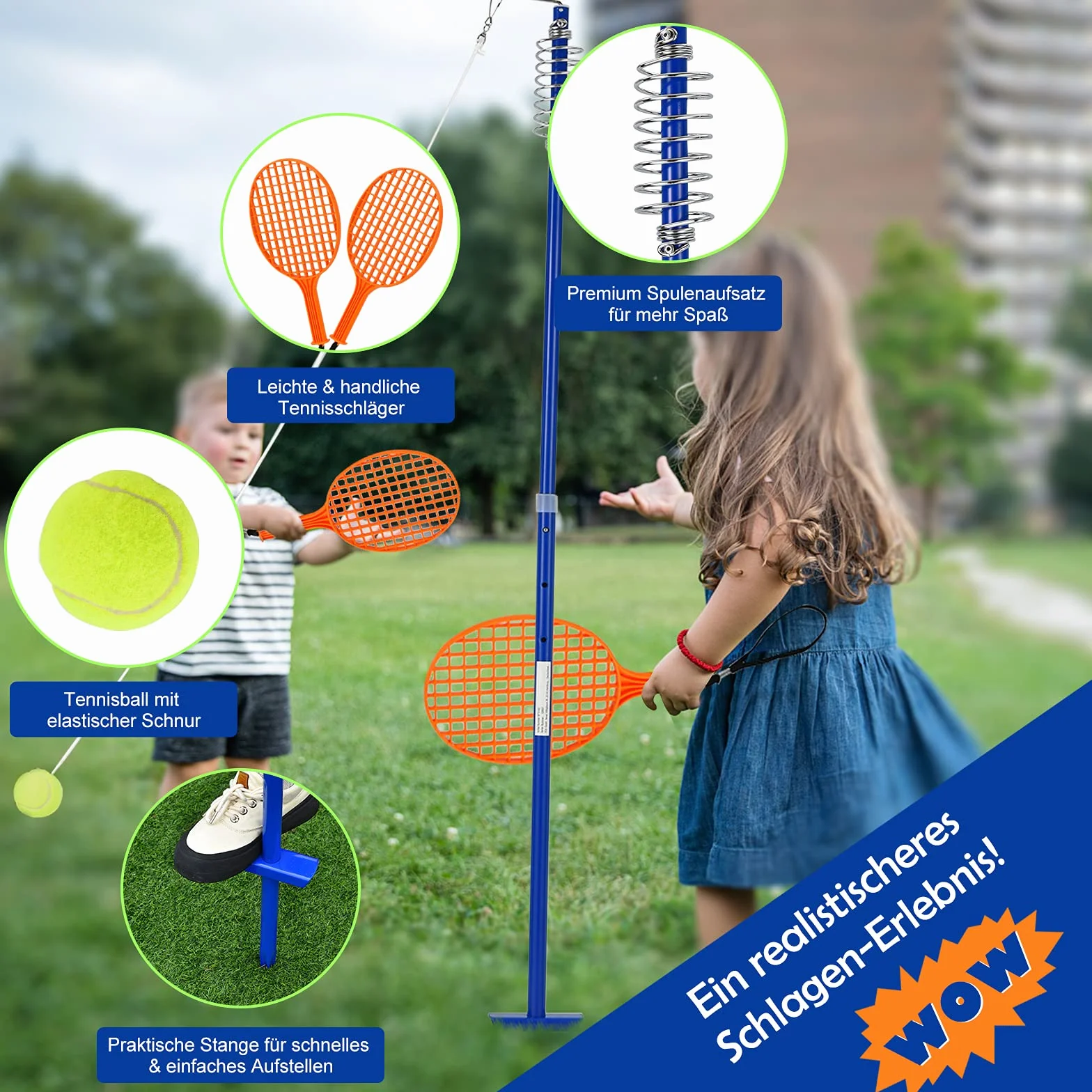 COSTWAY 3-stufig höhenverstellbares Tetherball Set, Twistball Set inkl. Ball｜2 Schlägern｜120cm Schnur, Tennisball an Schnur, Tennis Spiel für Solo und Team