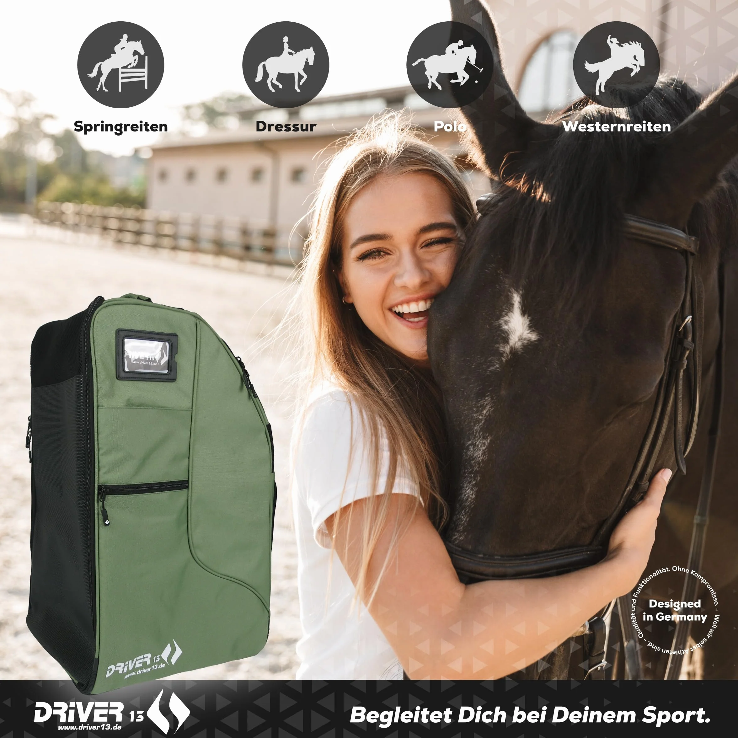 Driver13 Reitstiefelrucksack Deluxe mit Helmfach, Reitstiefeltasche und Stiefeletten Tasche, für Reitstiefel und Zubehör, Farbvarianten